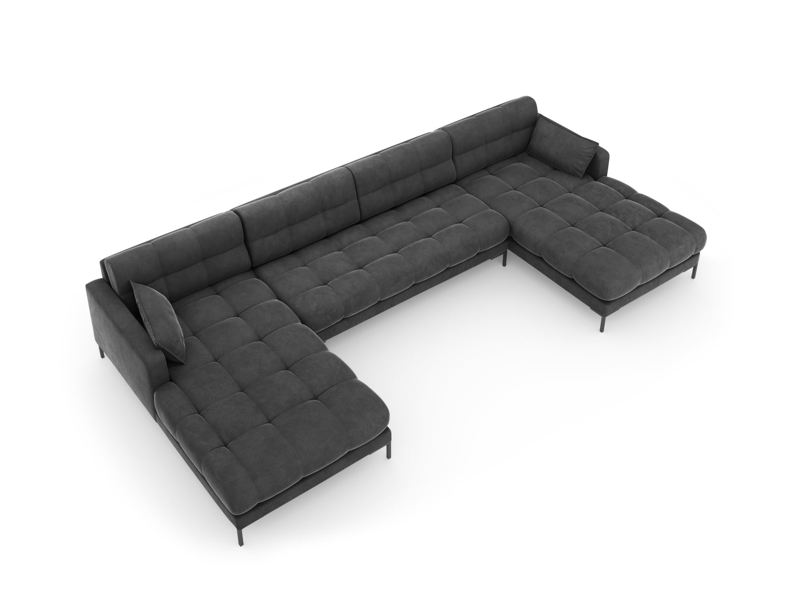 Elegantes 6-Sitzer Sofa Mamaia aus Velours in Dunkelgrau/Schwarz-Bluvel, ideal für gemütliche Zusammenkünfte und stilvolle Einrichtung.