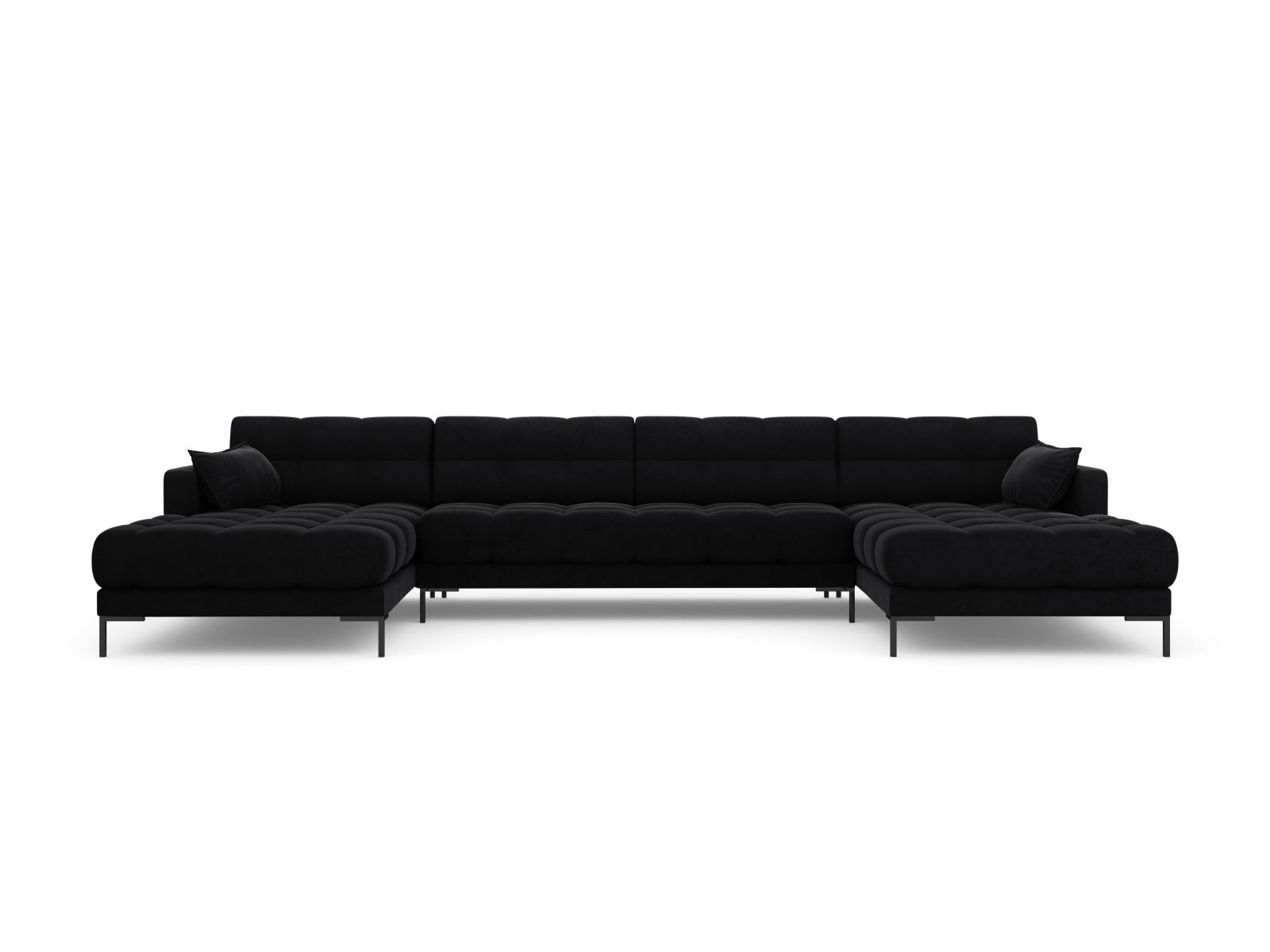 Stilvolles 6-Sitzer Mamaia Velour Panoramic Sofa in edlem Schwarz, perfekt für gesellige Runden und entspannte Stunden im Wohnzimmer.