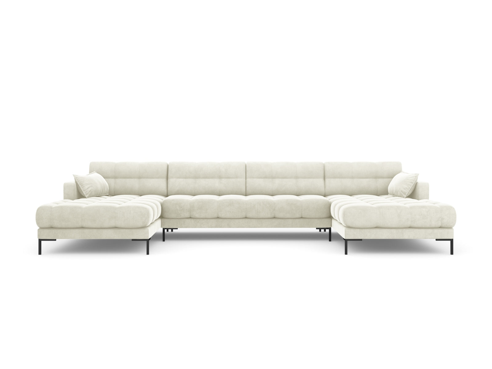Stilvolles 6-Sitzer Mamaia Velour Panoramic Sofa in edlen Beige- und Schwarznuancen, perfekt für moderne Wohnzimmergestaltung.