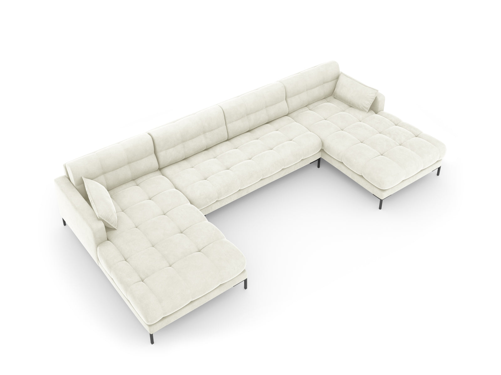 Elegantes 6-Sitzer Sofa Mamaia aus Velours mit Panoramadesign in zeitlosen Beige- und Schwarzfarben, ideal für stilvolle Wohnräume.