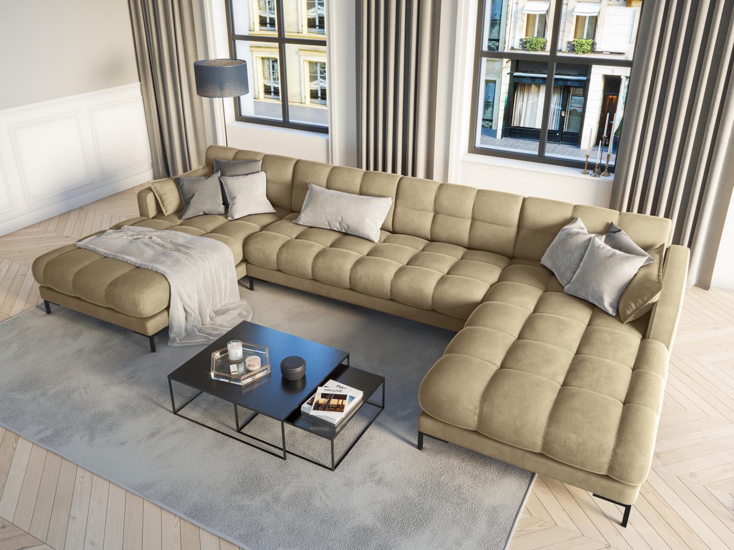 Elegantes Mamaia Velour Panoramic Sofa für 6 Personen in stilvollem Beige und Schwarz, ideal für moderne Wohnräume.