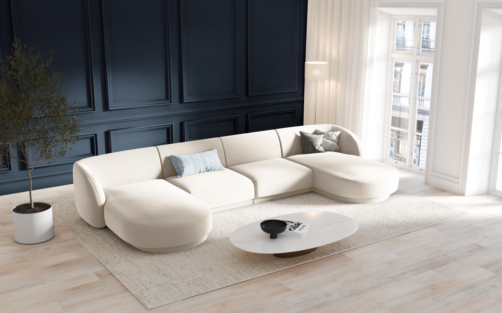 Elegantes Miley Velour Panoramic Sofa für 5 Personen in sanftem Beige, ideal für stilvolle Wohnräume und gemütliche Abende.