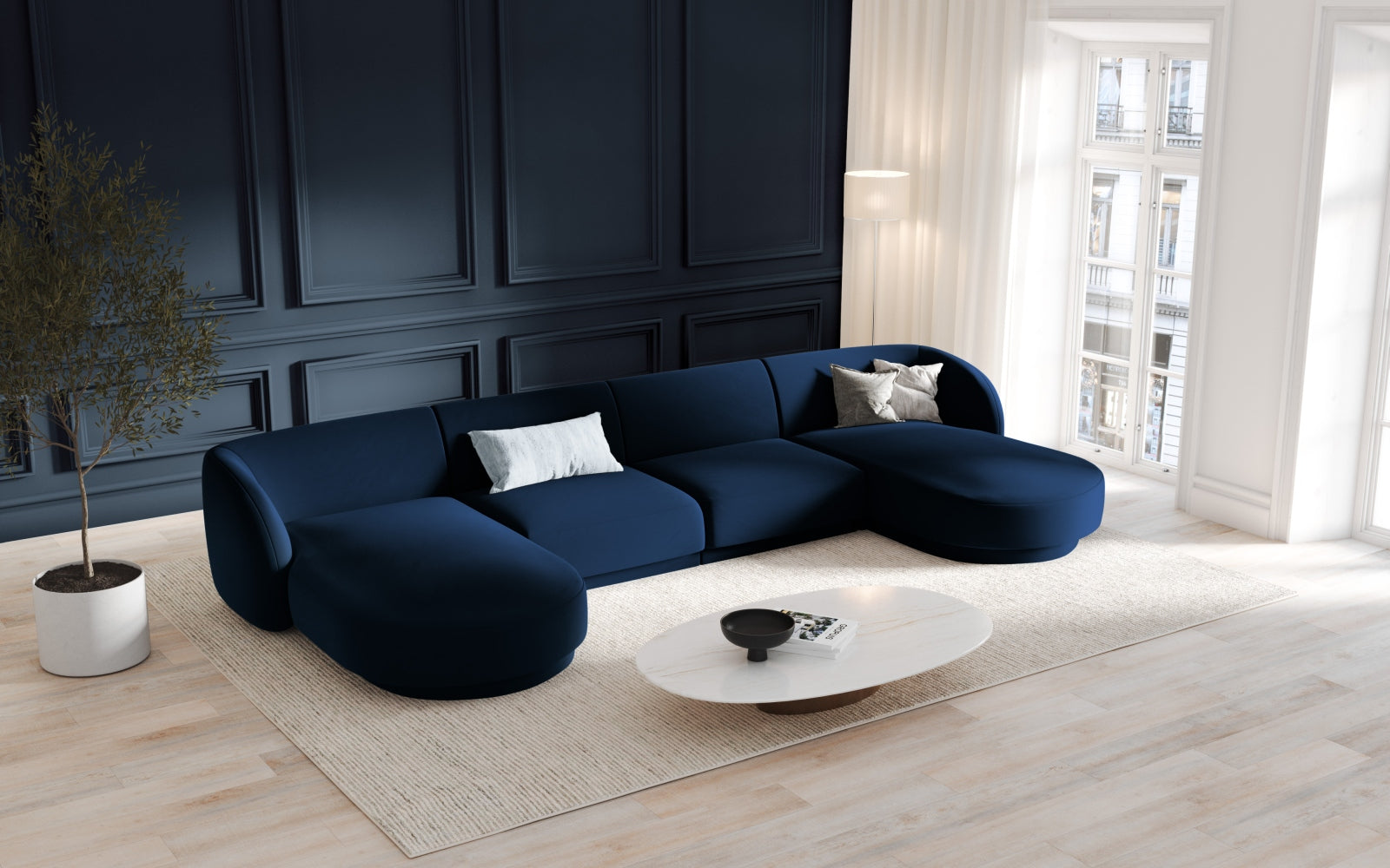 Elegantes Miley Velour Panoramic Sofa für 5 Personen in Royal Blue, stilvoll und modern, ideal für jedes Wohnzimmer.