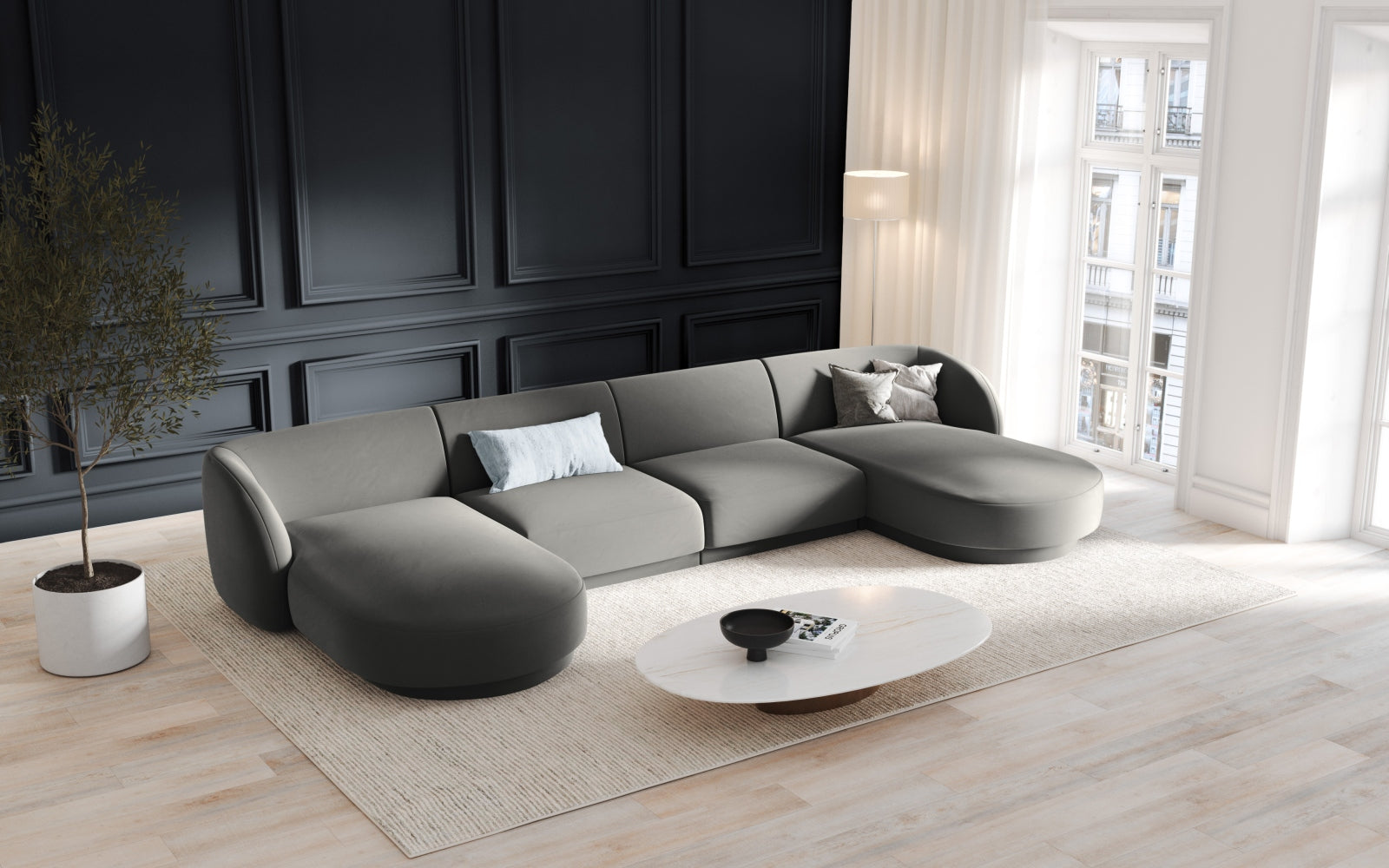 Elegantes Miley Velour Panoramic Sofa für 5 Personen in sanftem Grau-Blau, ideal für stilvolle Wohnräume.