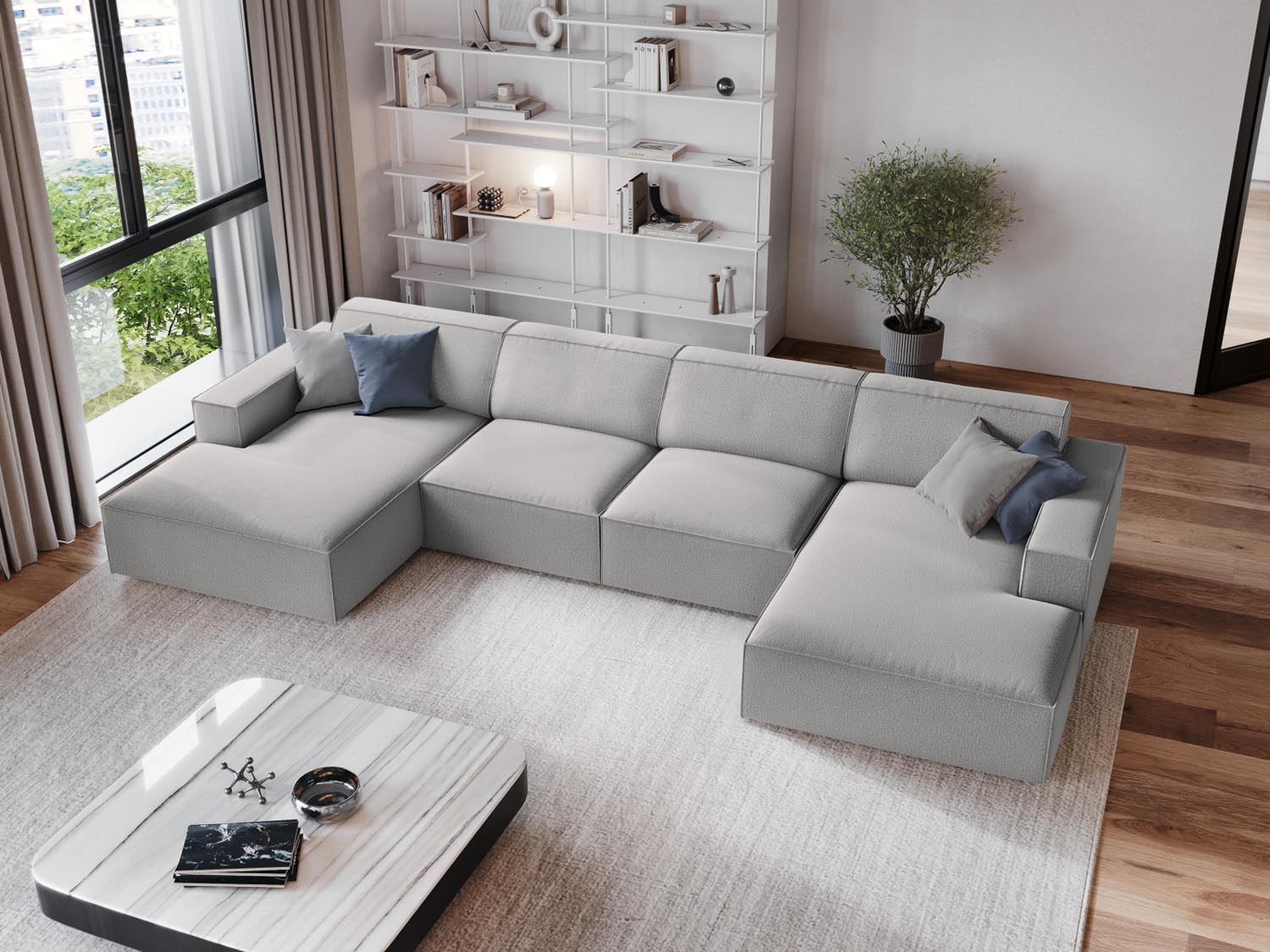 Elegantes, modulares 6-Sitzer Panoramic Sofa Jodie in hellem Grau, ideal für stilvolle Wohnräume und gesellige Abende.