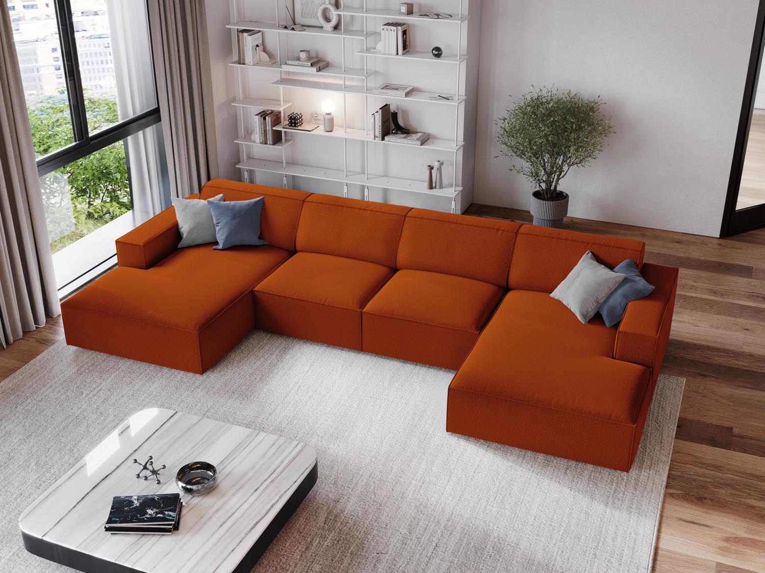 Elegantes Jodie Panoramic Sofa für 6 Personen in warmem Terracotta, ideal für stilvolle Wohnräume und gemütliche Zusammenkünfte.