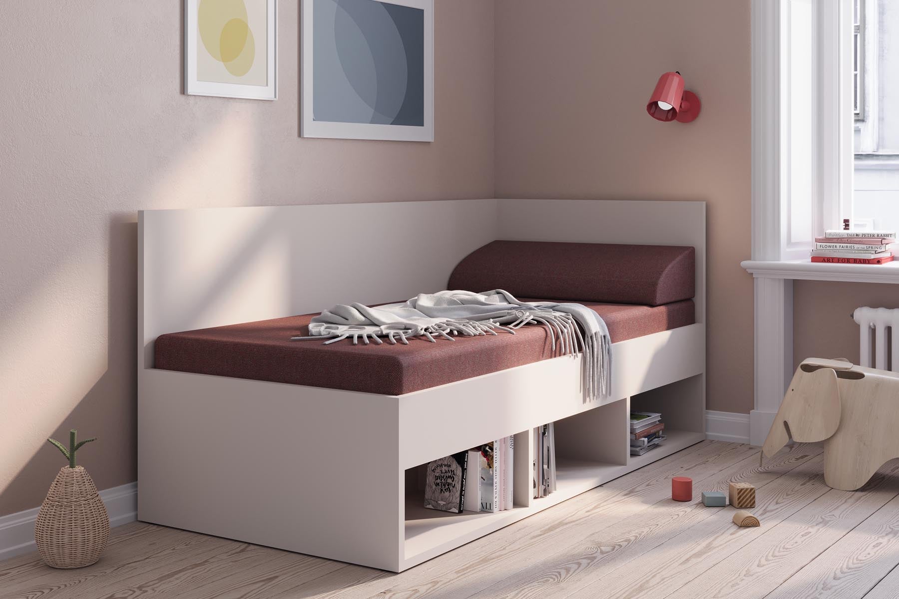 Corner Bett mit offenem Regal 90 x 200 links in Kaschmirgrau präsentiert im Onlineshop von KAQTU Design AG. Bett ist von Müller Möbelwerkstätten