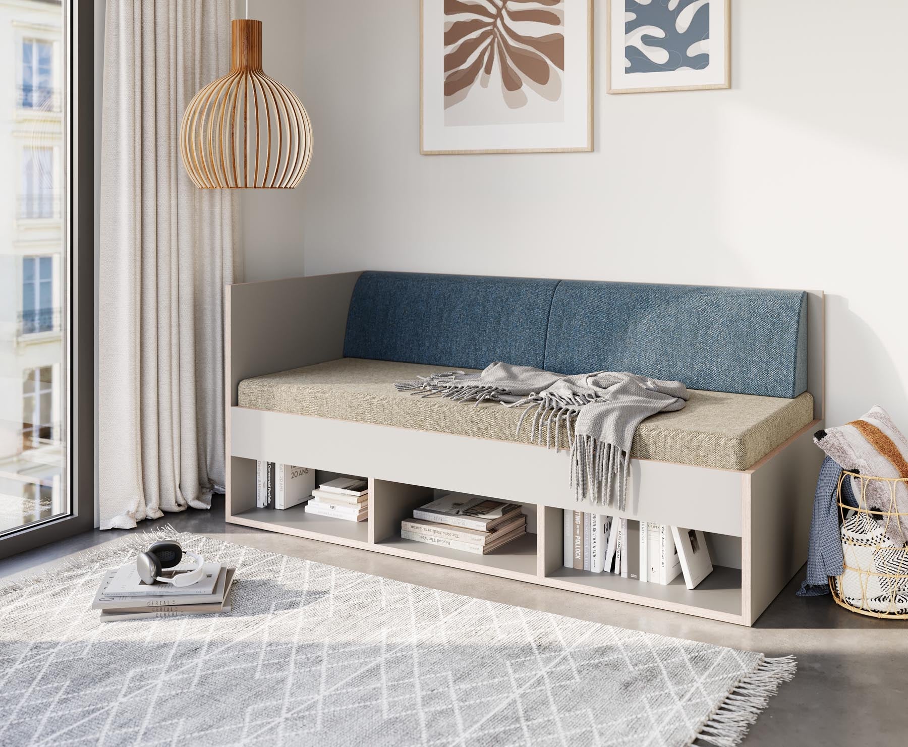 Corner Bett mit offenem Regal 90 x 200 links in Weiss/Multiplexkante präsentiert im Onlineshop von KAQTU Design AG. Bett ist von Müller Möbelwerkstätten