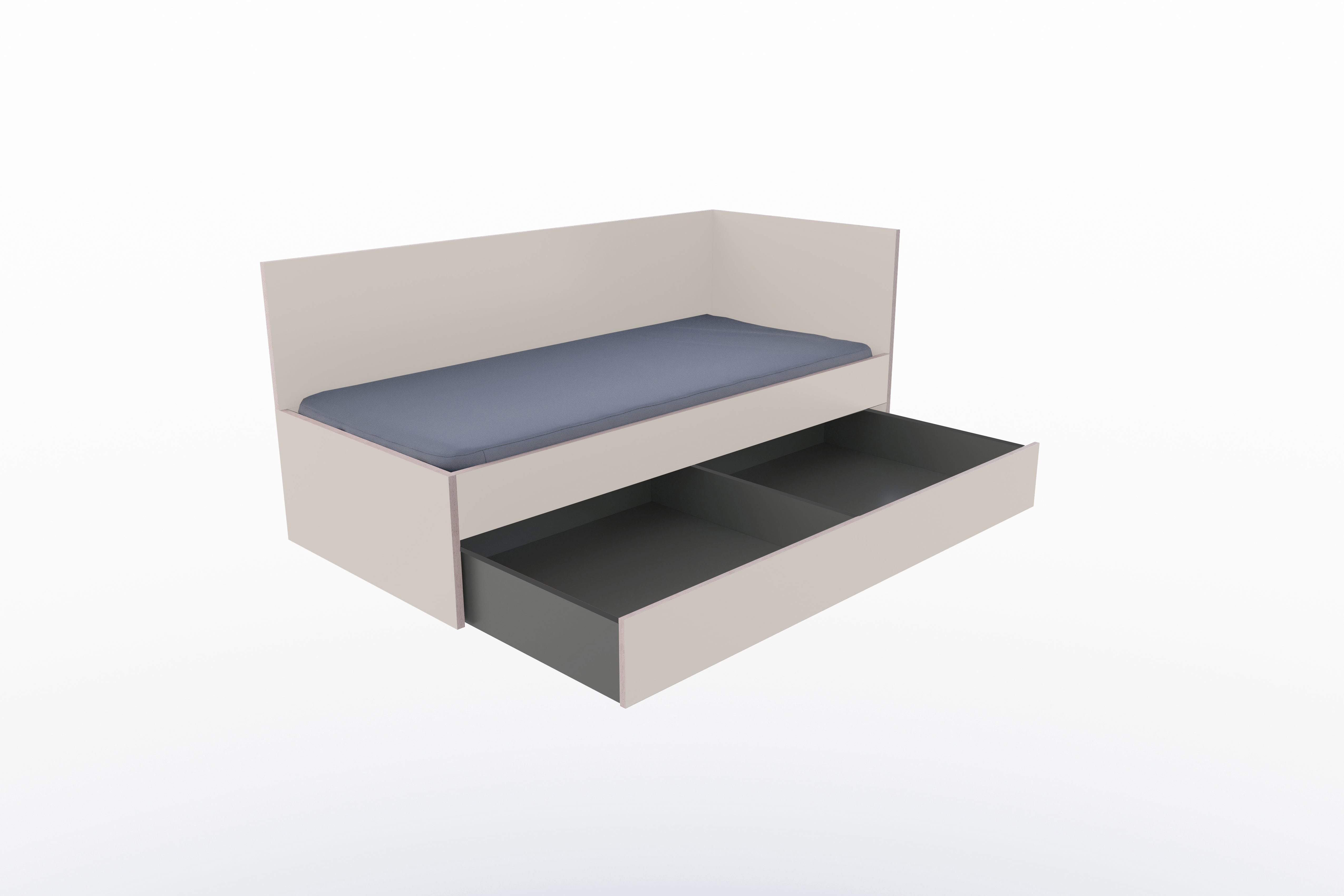 Corner Bett mit Auszug auf Rollen 90 x 200 rechts in Kaschmirgrau/Multiplexkante präsentiert im Onlineshop von KAQTU Design AG. Bett ist von Müller Möbelwerkstätten