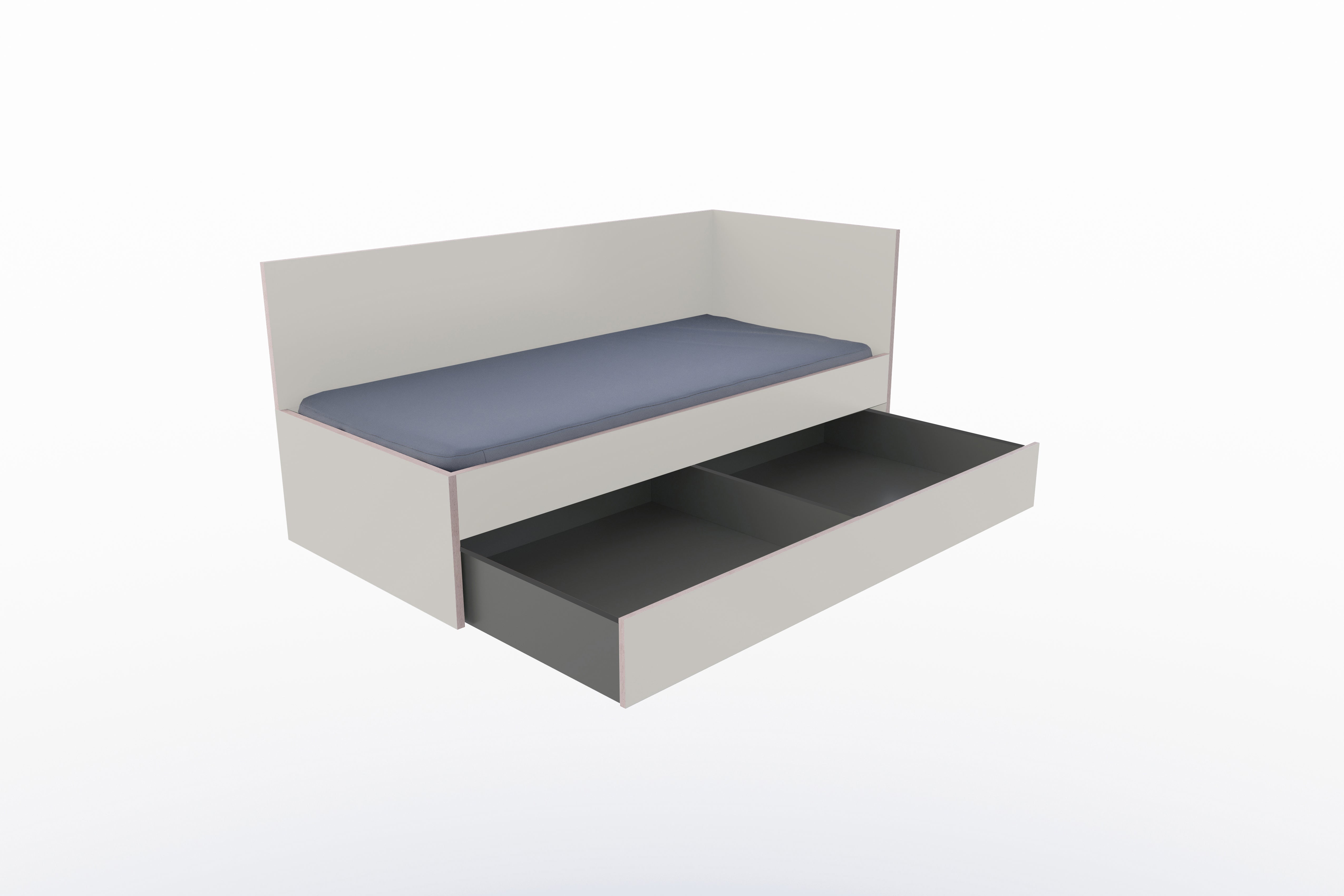 Corner Bett mit Auszug auf Rollen 90 x 200 rechts in Steingrau/Multiplexkante präsentiert im Onlineshop von KAQTU Design AG. Bett ist von Müller Möbelwerkstätten