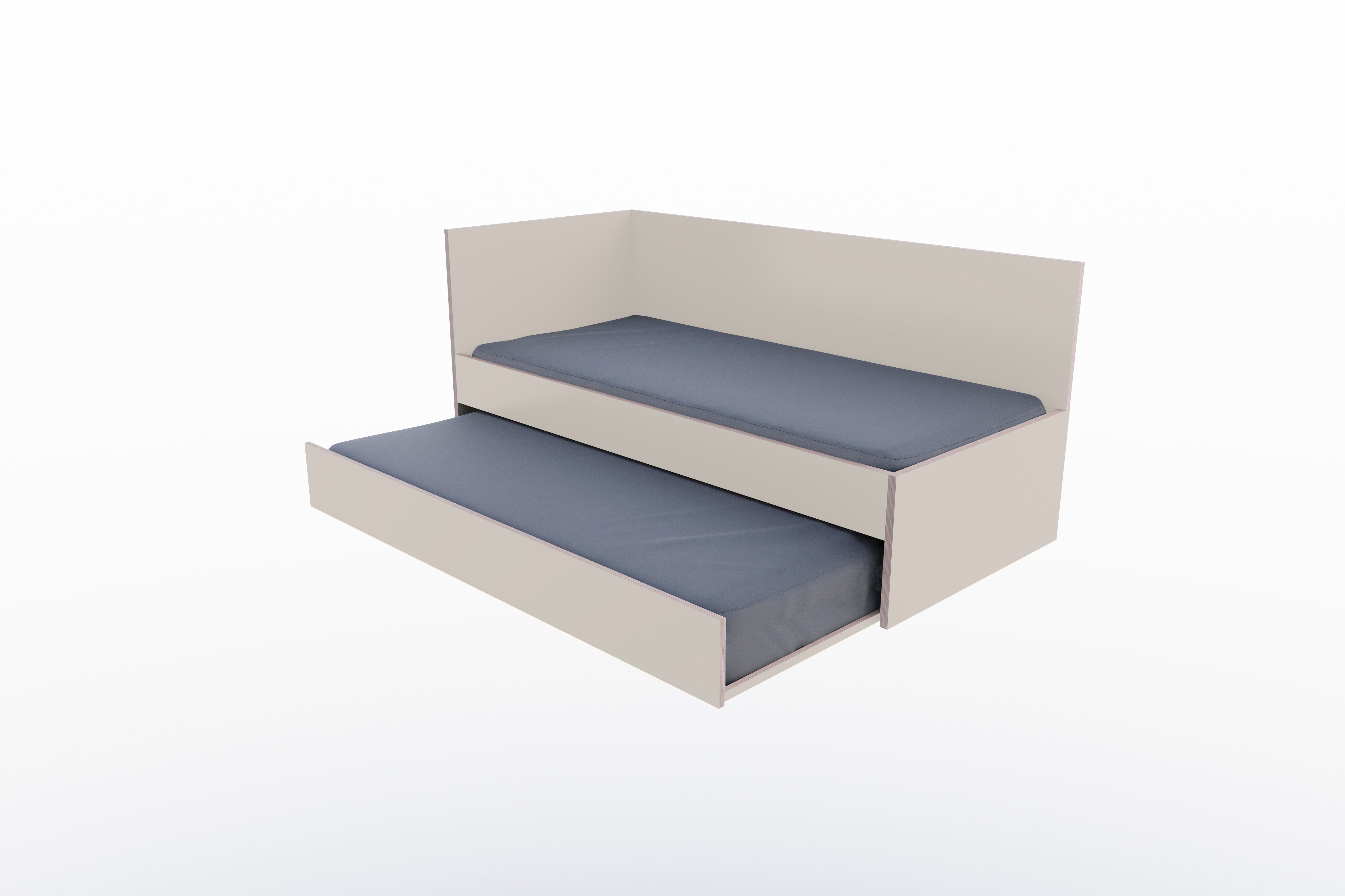 Corner Bett mit ausziehbarer Liegefläche 90 x 200 links in Kaschmirgrau/Multiplexkante präsentiert im Onlineshop von KAQTU Design AG. Bett ist von Müller Möbelwerkstätten