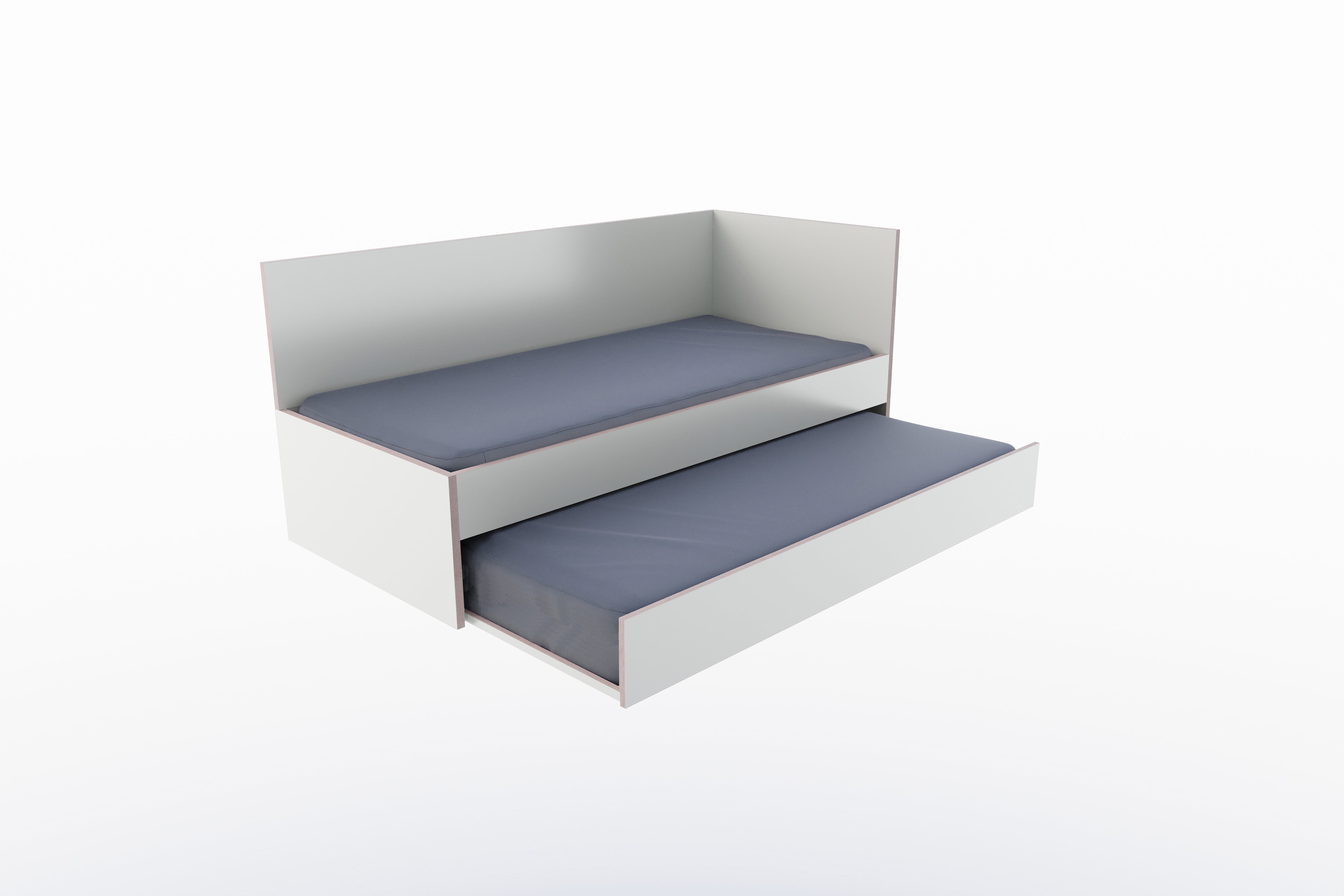 Corner Bett mit ausziehbarer Liegefläche 90 x 200 rechts in Weiss/Multiplexkante präsentiert im Onlineshop von KAQTU Design AG. Bett ist von Müller Möbelwerkstätten