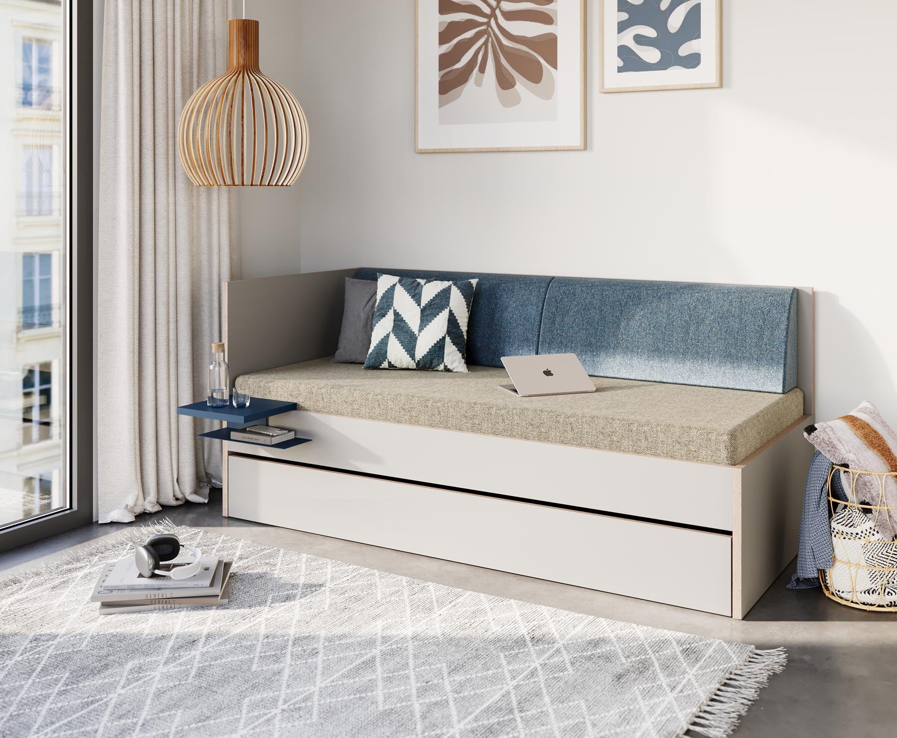 Corner Bett mit ausziehbarer Liegefläche 90 x 200 links in Steingrau/Multiplexkante präsentiert im Onlineshop von KAQTU Design AG. Bett ist von Müller Möbelwerkstätten