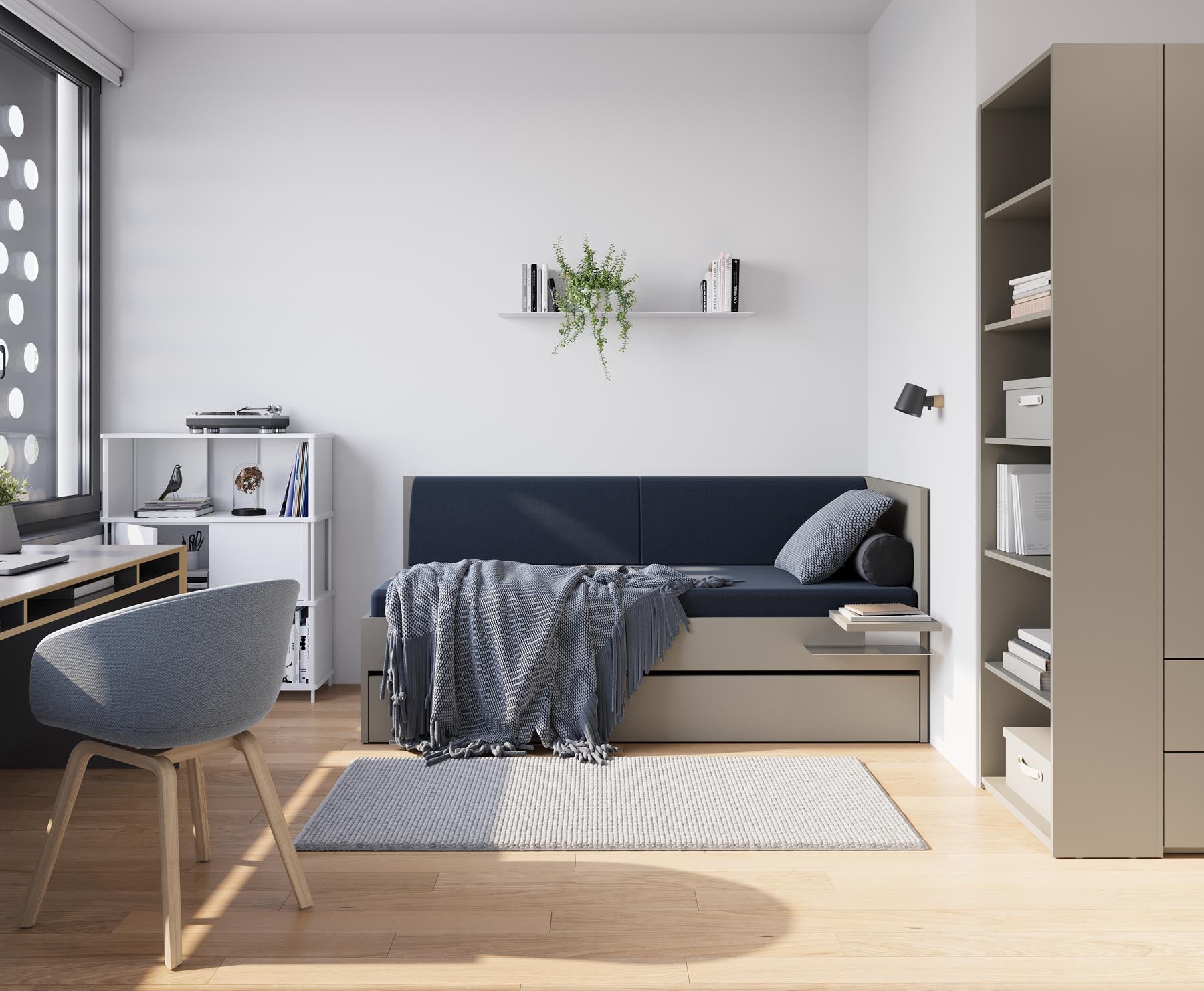 Corner Bett mit ausziehbarer Liegefläche 90 x 200 rechts in Steingrau präsentiert im Onlineshop von KAQTU Design AG. Bett ist von Müller Möbelwerkstätten