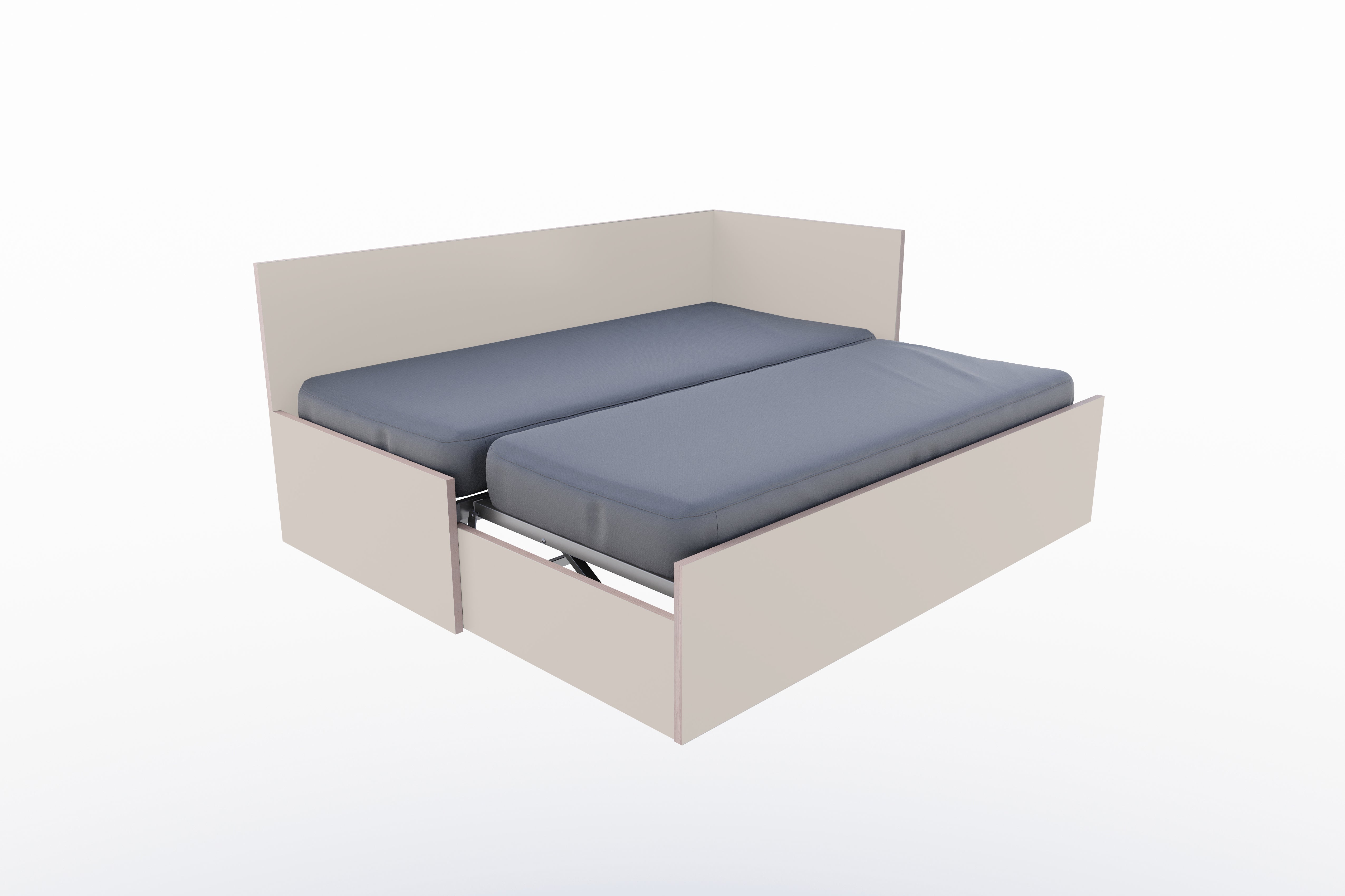 Corner Bett mit ausziehbarer Liegefläche, höhengleich 90 x 200 rechts in Kaschmirgrau/Multiplexkante präsentiert im Onlineshop von KAQTU Design AG. Bett ist von Müller Möbelwerkstätten