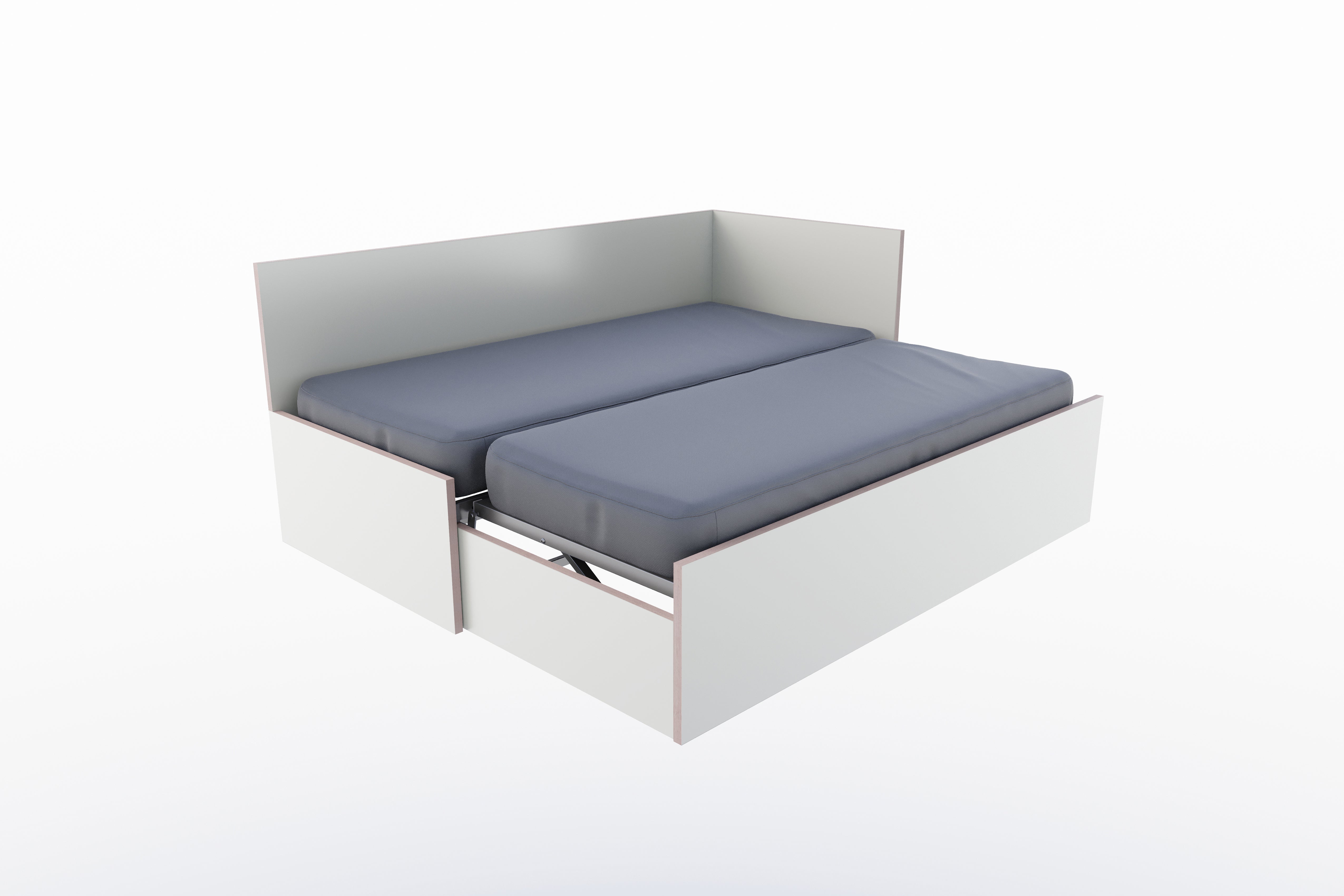 Corner Bett mit ausziehbarer Liegefläche, höhengleich 90 x 200 rechts in Weiss/Multiplexkante präsentiert im Onlineshop von KAQTU Design AG. Bett ist von Müller Möbelwerkstätten