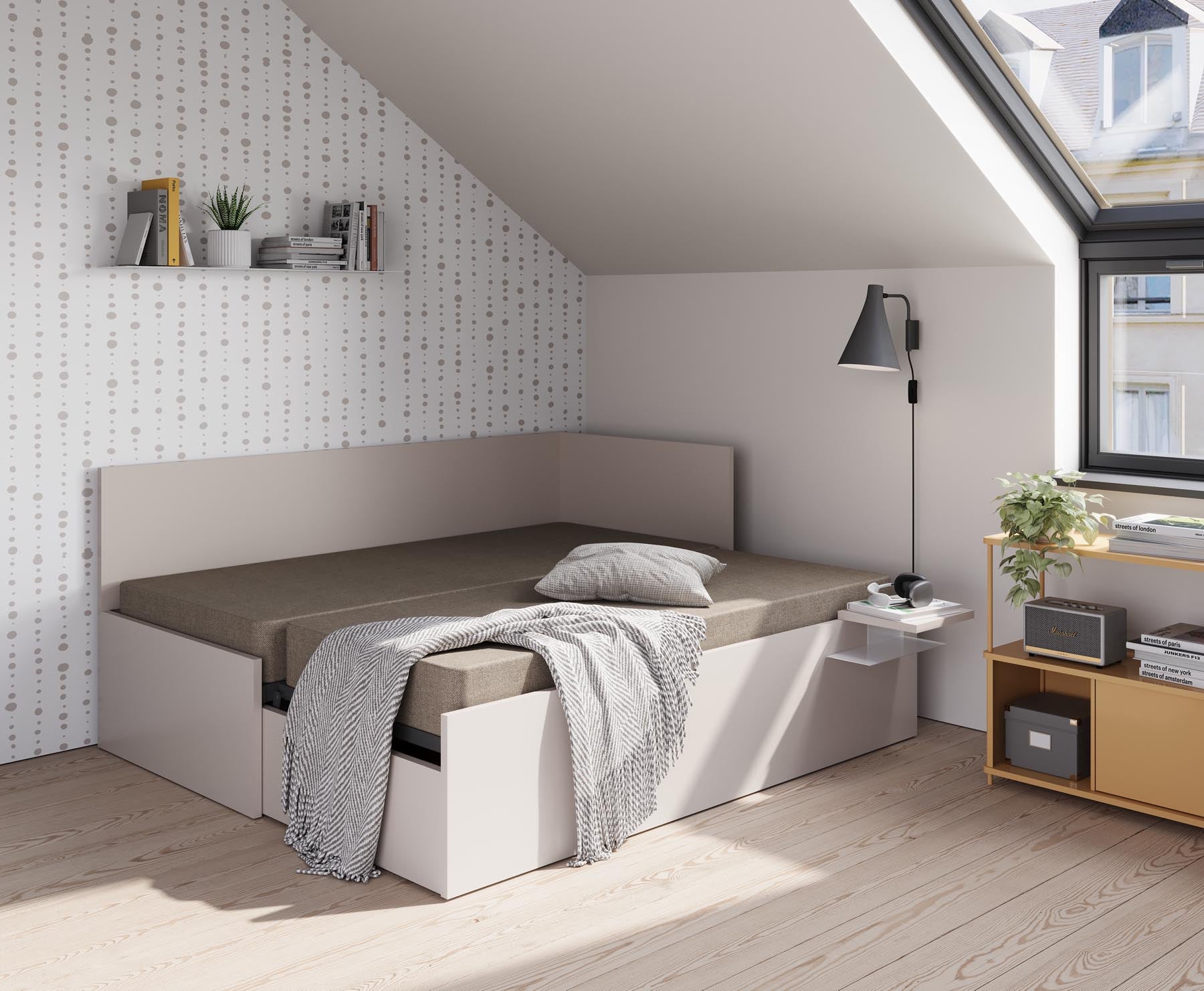 Corner Bett mit ausziehbarer Liegefläche, höhengleich 90 x 200 rechts in Kaschmirgrau präsentiert im Onlineshop von KAQTU Design AG. Bett ist von Müller Möbelwerkstätten