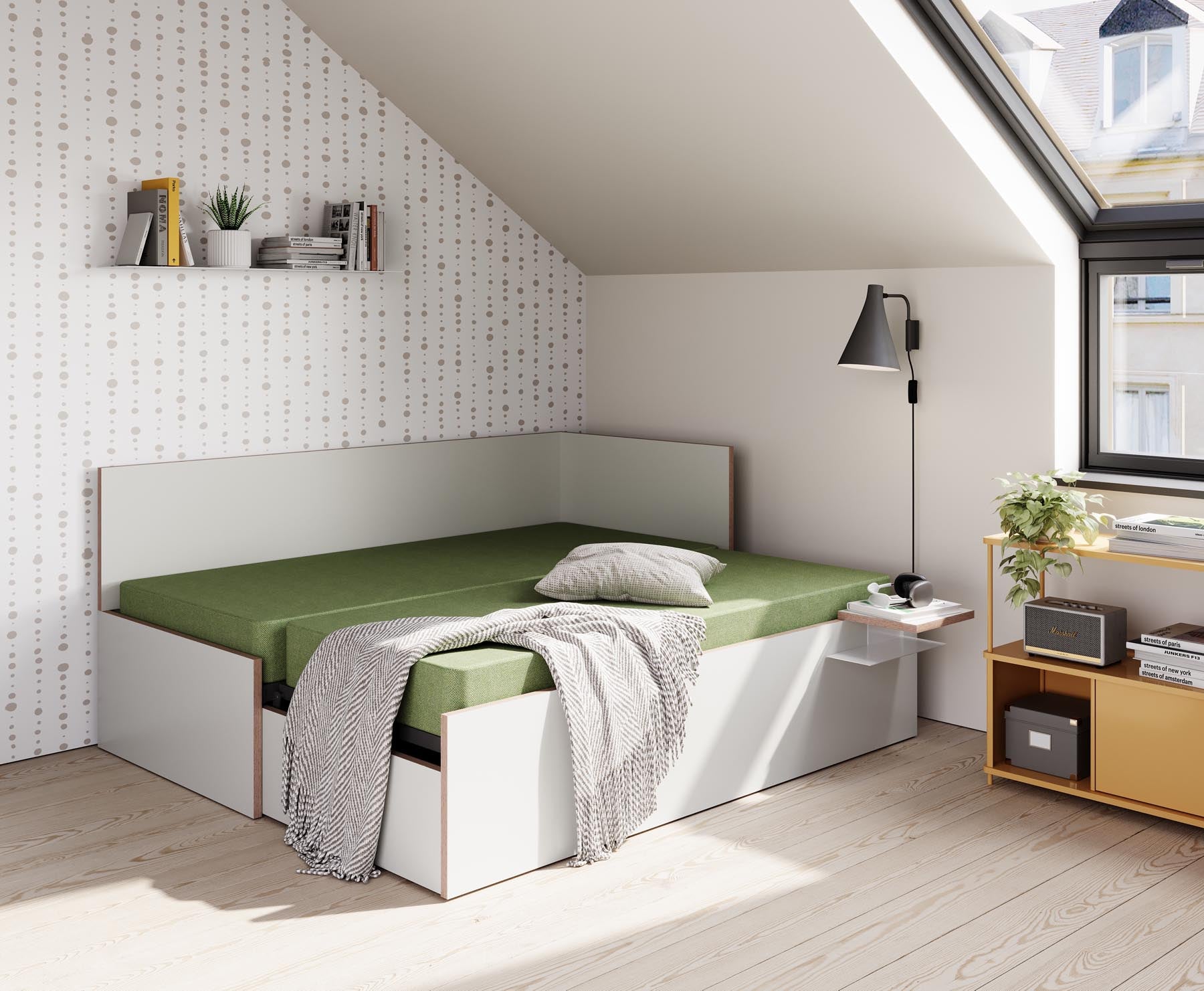 Corner Bett mit ausziehbarer Liegefläche, höhengleich 90 x 200 rechts in Kaschmirgrau/Multiplexkante präsentiert im Onlineshop von KAQTU Design AG. Bett ist von Müller Möbelwerkstätten