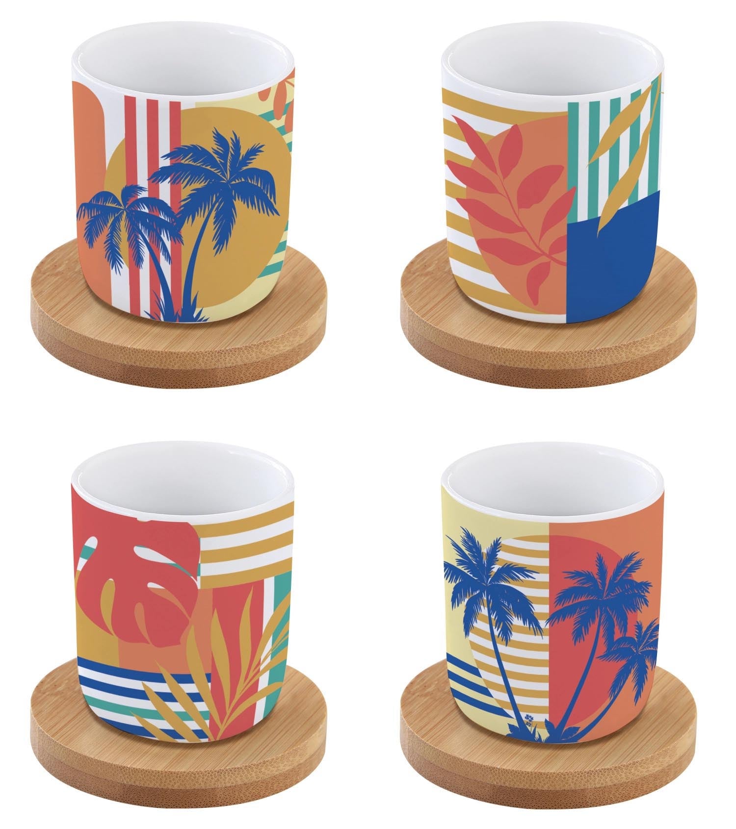 Elegante 4er Kaffeebecher-Set mit Bambusuntersetzern, 110ml, von Easy Life. Perfekt für stilvollen Kaffeegenuss.