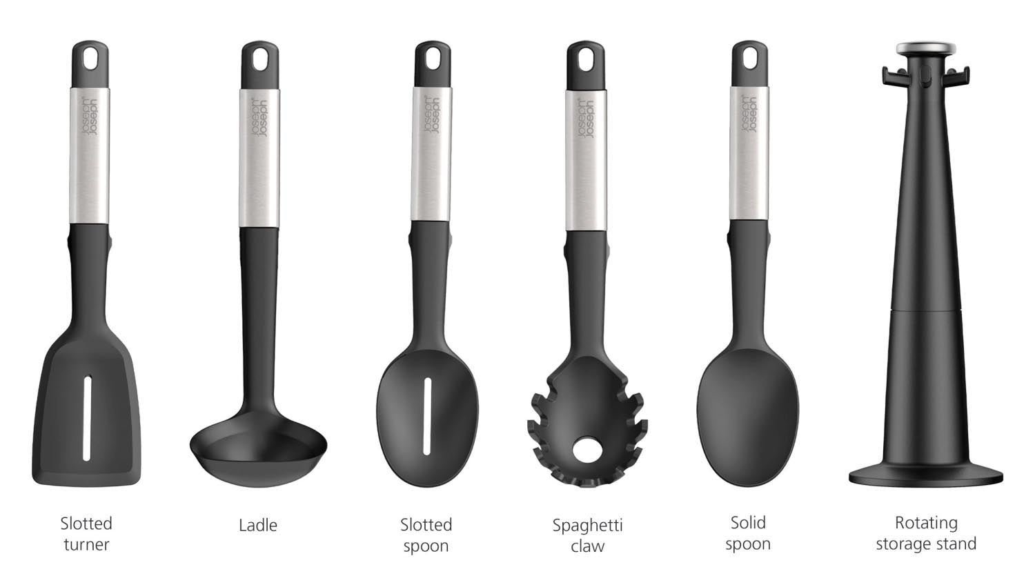 Das Joseph Joseph Elevate Karussell enthält 5 praktische Küchenhelfer aus Silikon und Stahl, ideal für modernes Kochen.