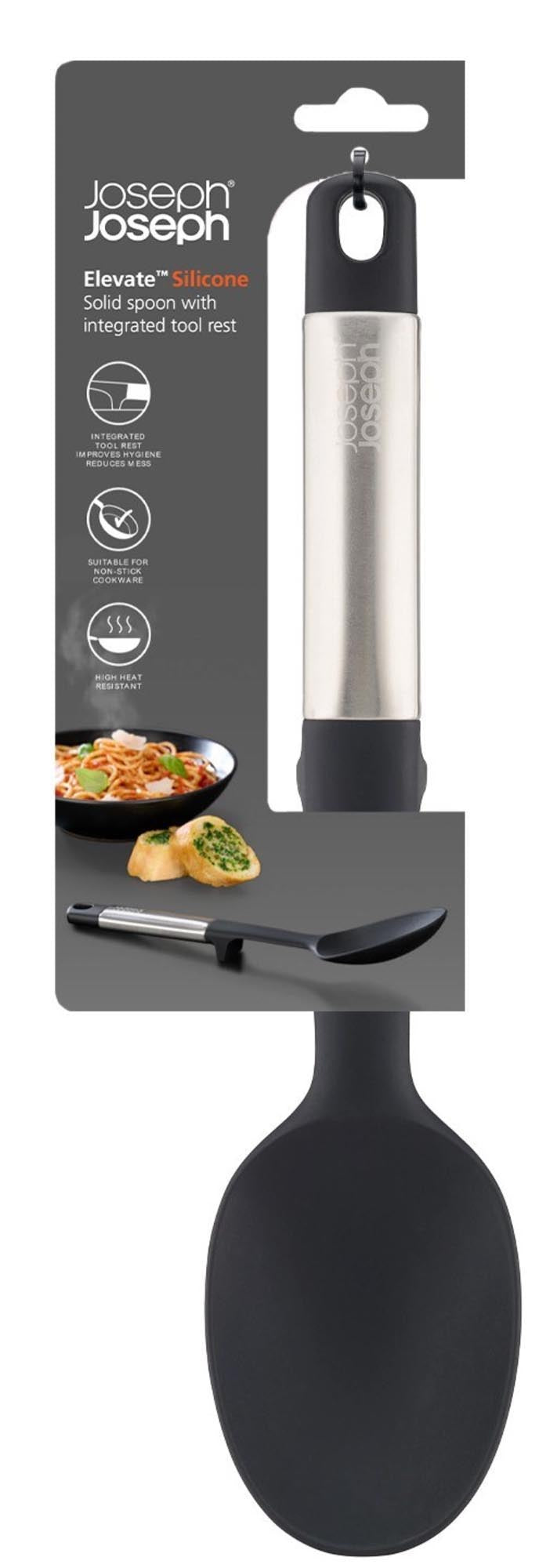 Hochwertiger Silikonlöffel mit Edelstahlgriff, ideal für hygienisches Kochen, langlebig und modern, von Joseph Joseph.