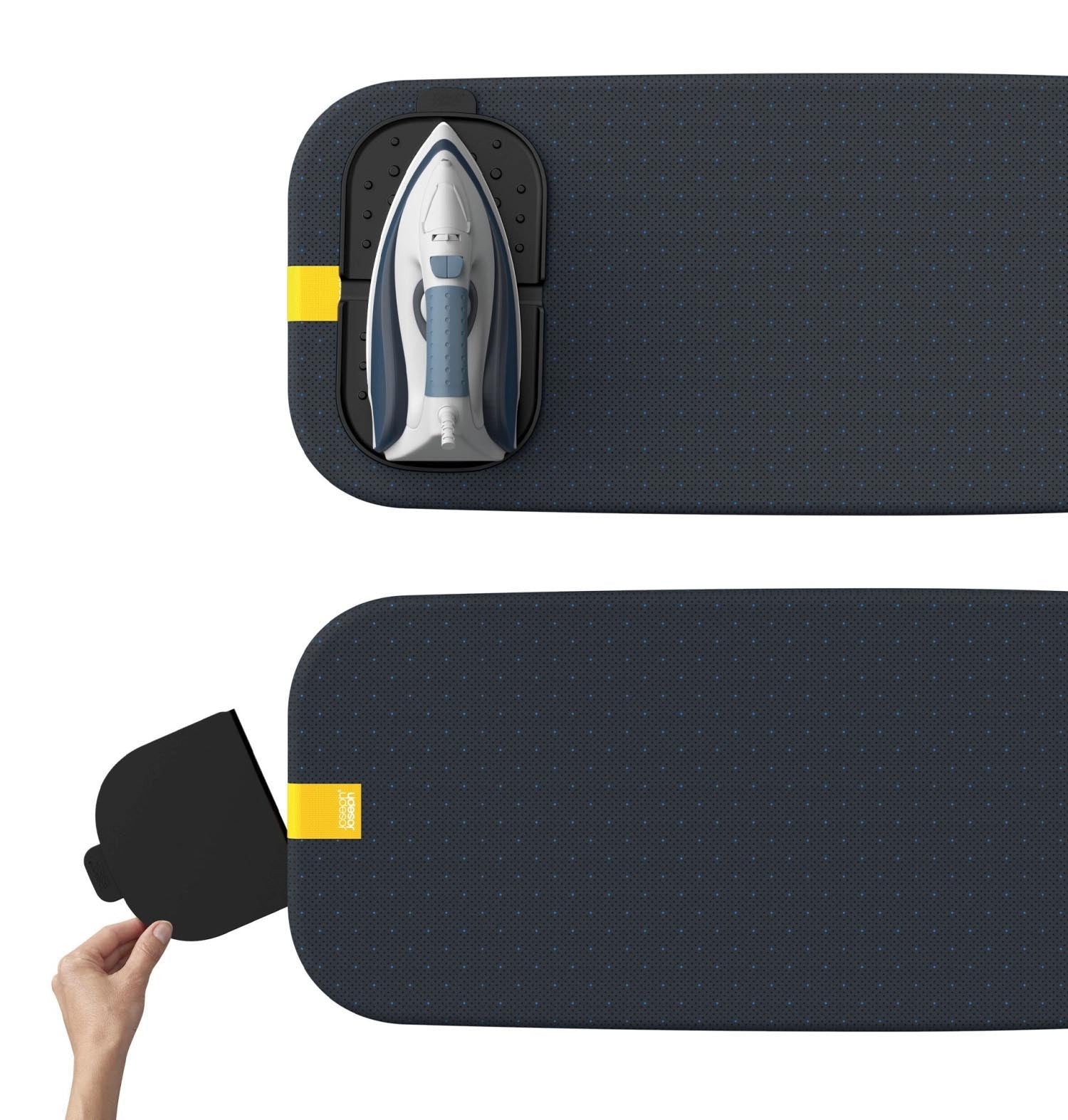 Das Glide Compact Plus Bügelbrett von Joseph Joseph bietet modernes Design und Funktionalität in Schwarz/Blau für effizientes Bügeln.