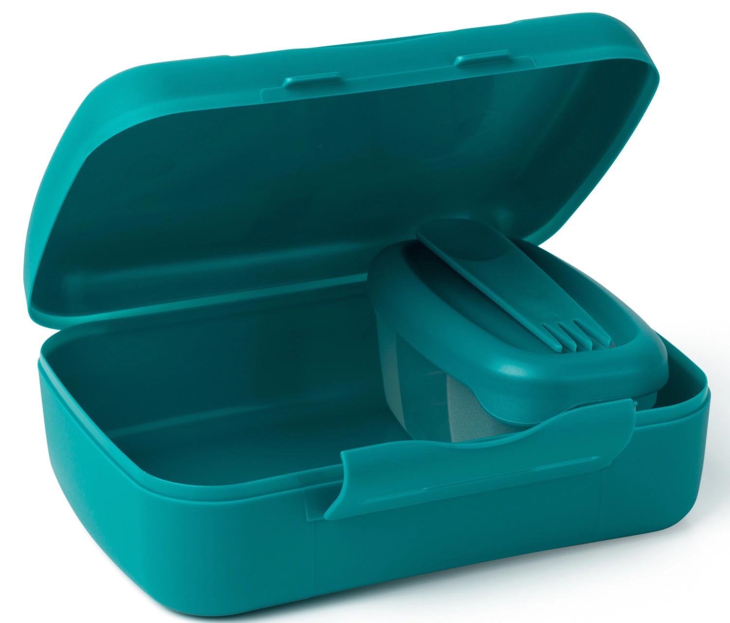 Stilvolle Salatbox in Dunkelgrün mit Göffel, perfekt für Brunch oder unterwegs. Masse: 210x156x71mm. Praktisch und hochwertig.