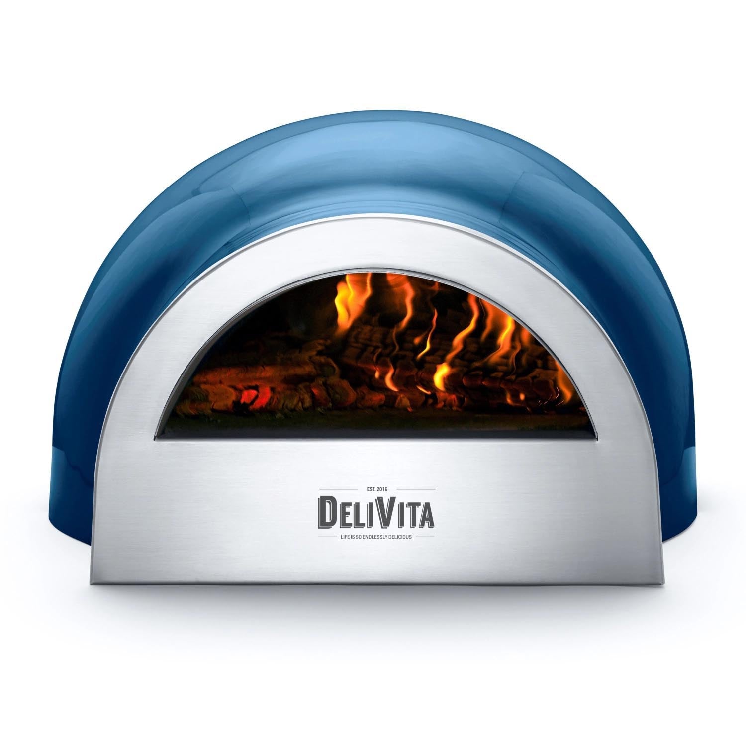 Der blaue Delivita Ofen ist ein stilvoller, kompakter Holzofen, ideal für Pizza und mehr, mit modernem Design und hoher Qualität.