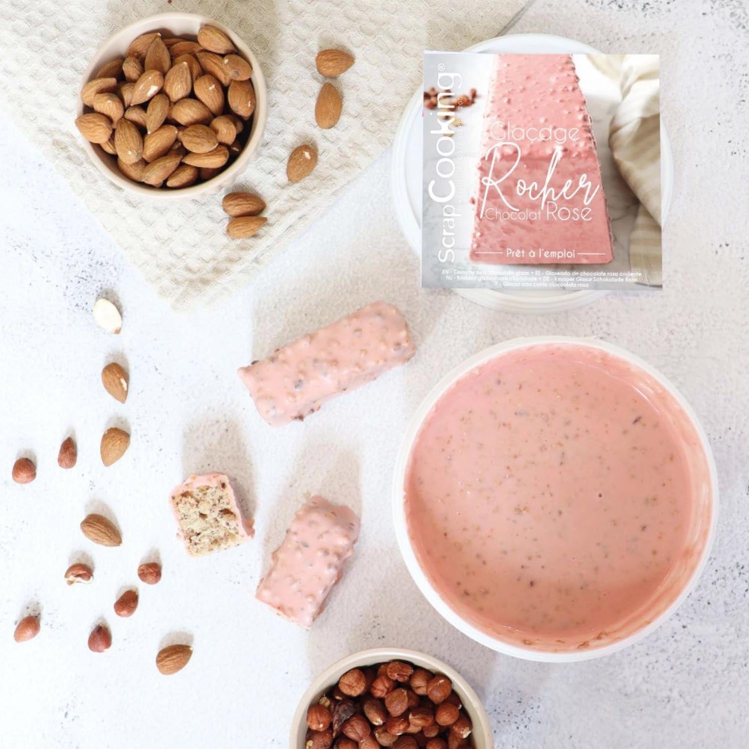 Rosa Schokoladenguss, gebrauchsfertig, 400g, perfekt für kreative Backdekorationen von Scrap Cooking.