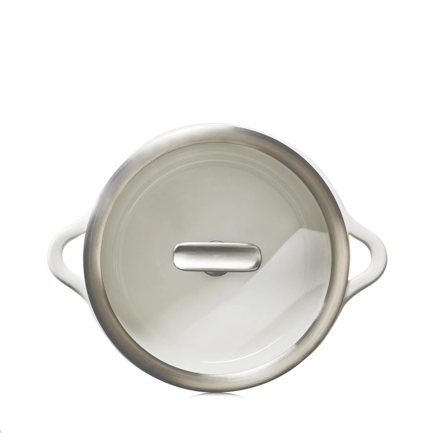 Elegante Induktionskasserolle von Revol, 19 cm, in Alabasterweiss mit Glasdeckel. Perfekt für stilvolles Kochen.