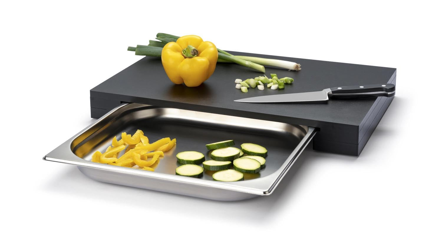 Hochwertiges Holz-Schneidebrett mit integrierter Schublade, Masse 48x32.5x5cm, perfekt für komfortables Arbeiten in der Küche.