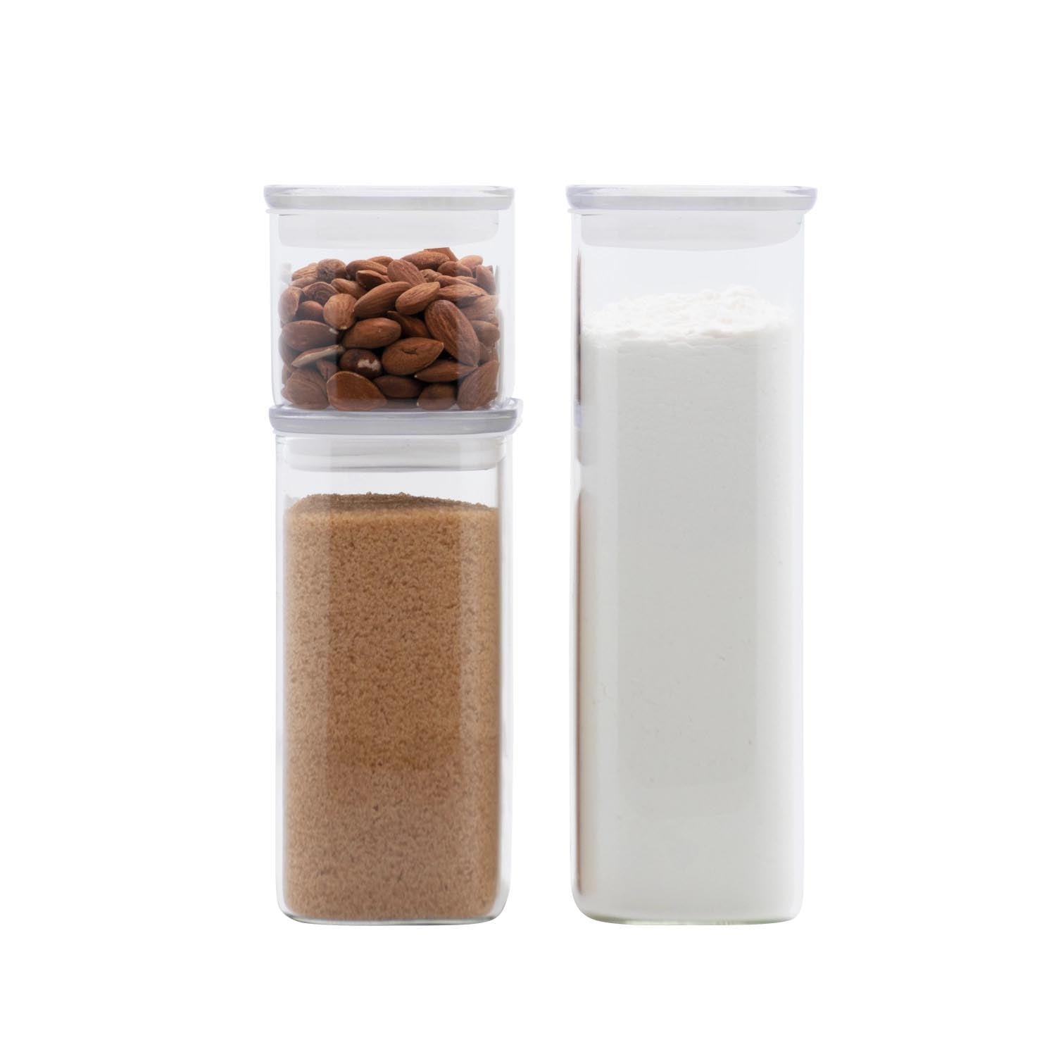 Drei Vorratsgläser mit Glasdeckel in verschiedenen Größen (0.47l, 1.2l, 1.8l) von Pebbly, ideal für die Aufbewahrung von Lebensmitteln.