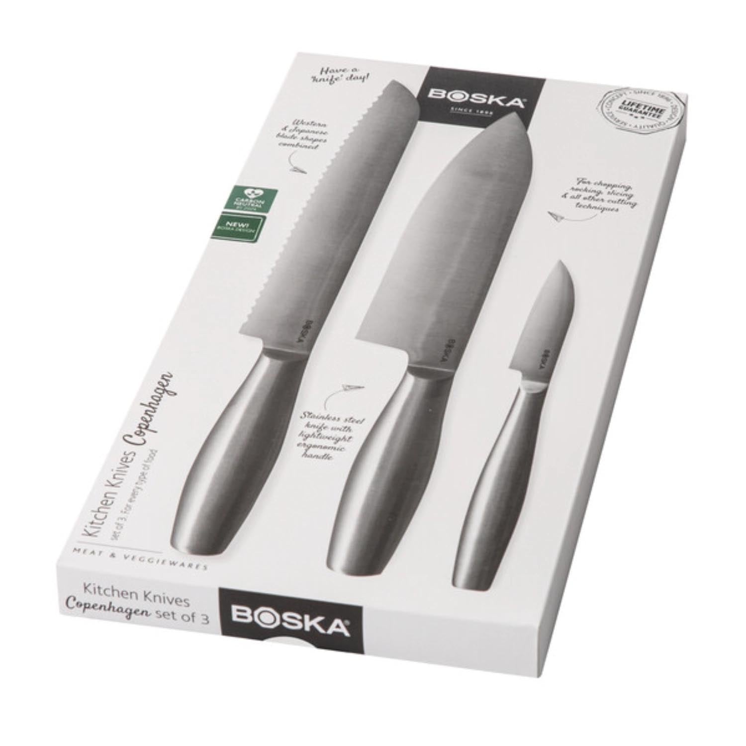 Elegantes 3-teiliges Küchenmesser-Set von Boska, ideal für präzises Schneiden in der Küche. Hochwertige Qualität.