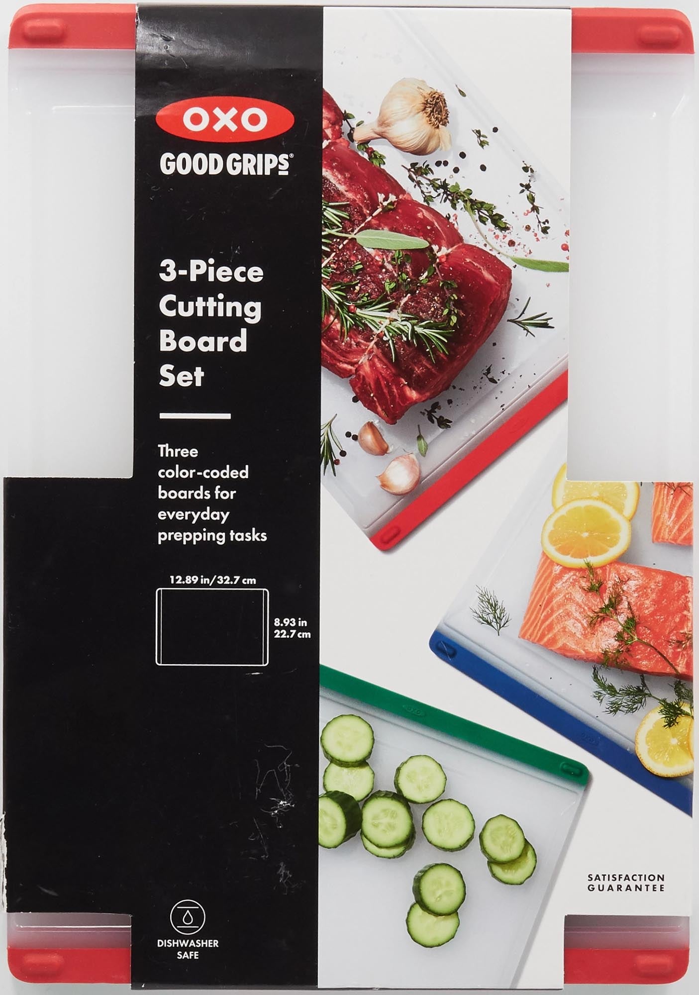 Praktisches 3er Set Schneidebretter von OXO, robust, rutschfest und spülmaschinengeeignet, ideal für hygienisches Schneiden.