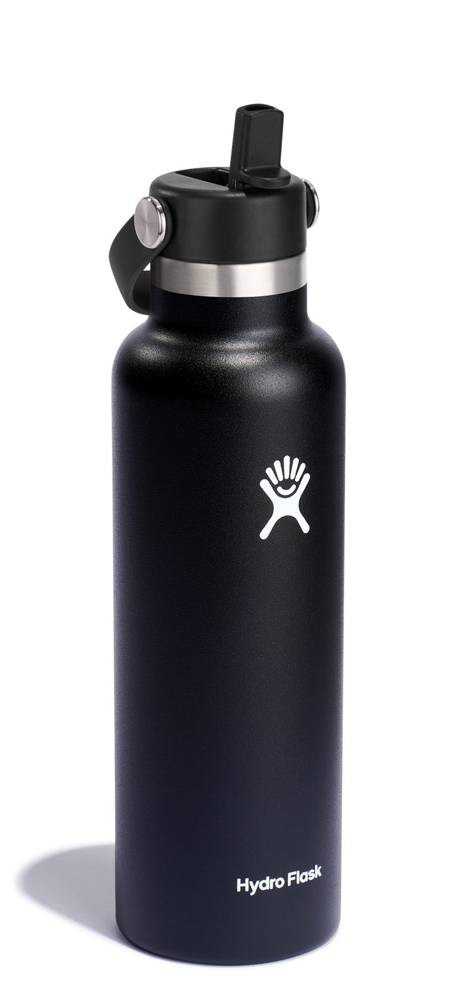 Schwarze Hydro Flask Trinkflasche mit 620ml, Flex Deckel und integriertem Strohhalm – perfekt für aktive Lebensstile und stilvolle Hydration.