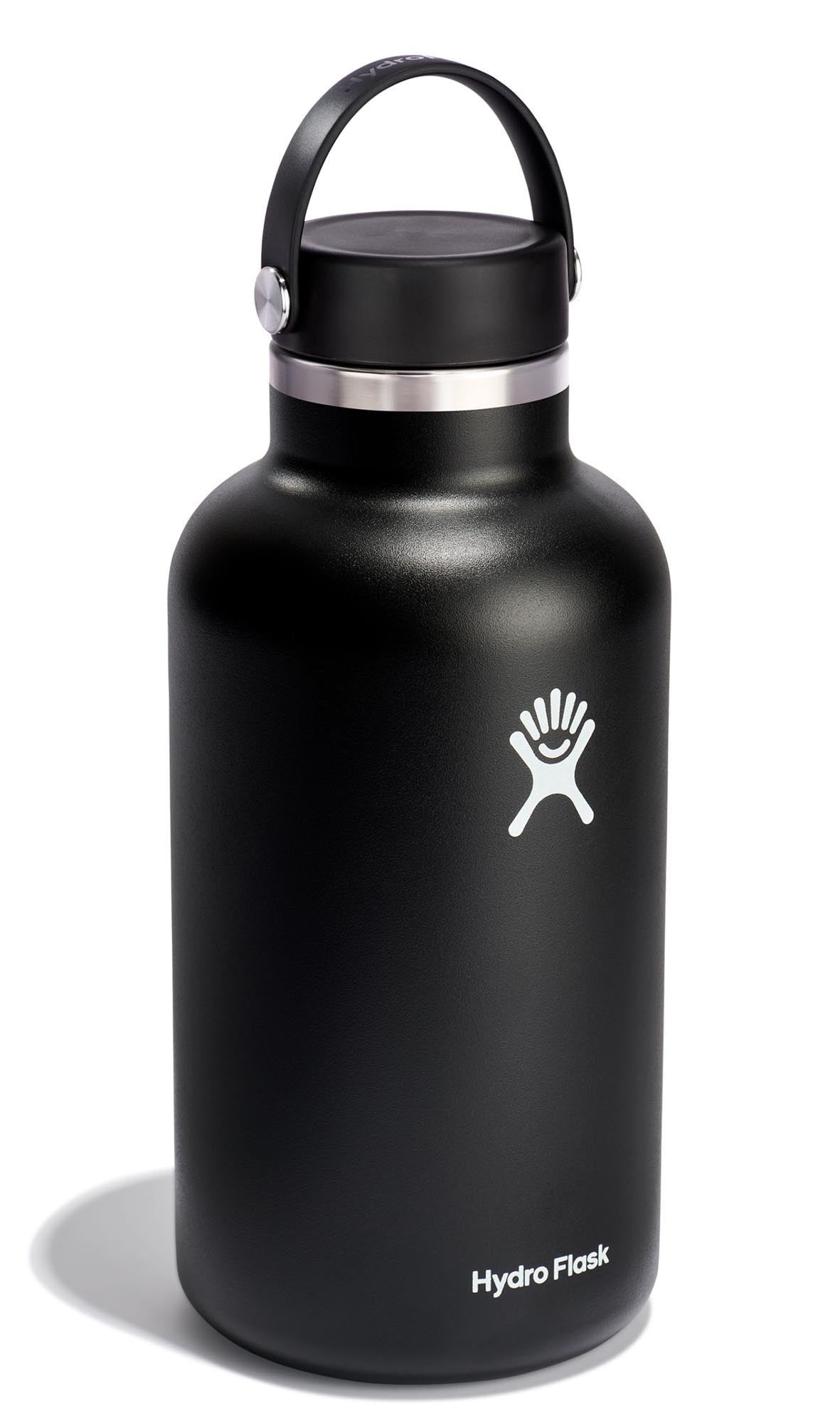 Schwarze Trinkflasche Wide Flex mit 1900ml Fassungsvermögen von Hydro Flask, ideal für unterwegs und sportliche Aktivitäten.
