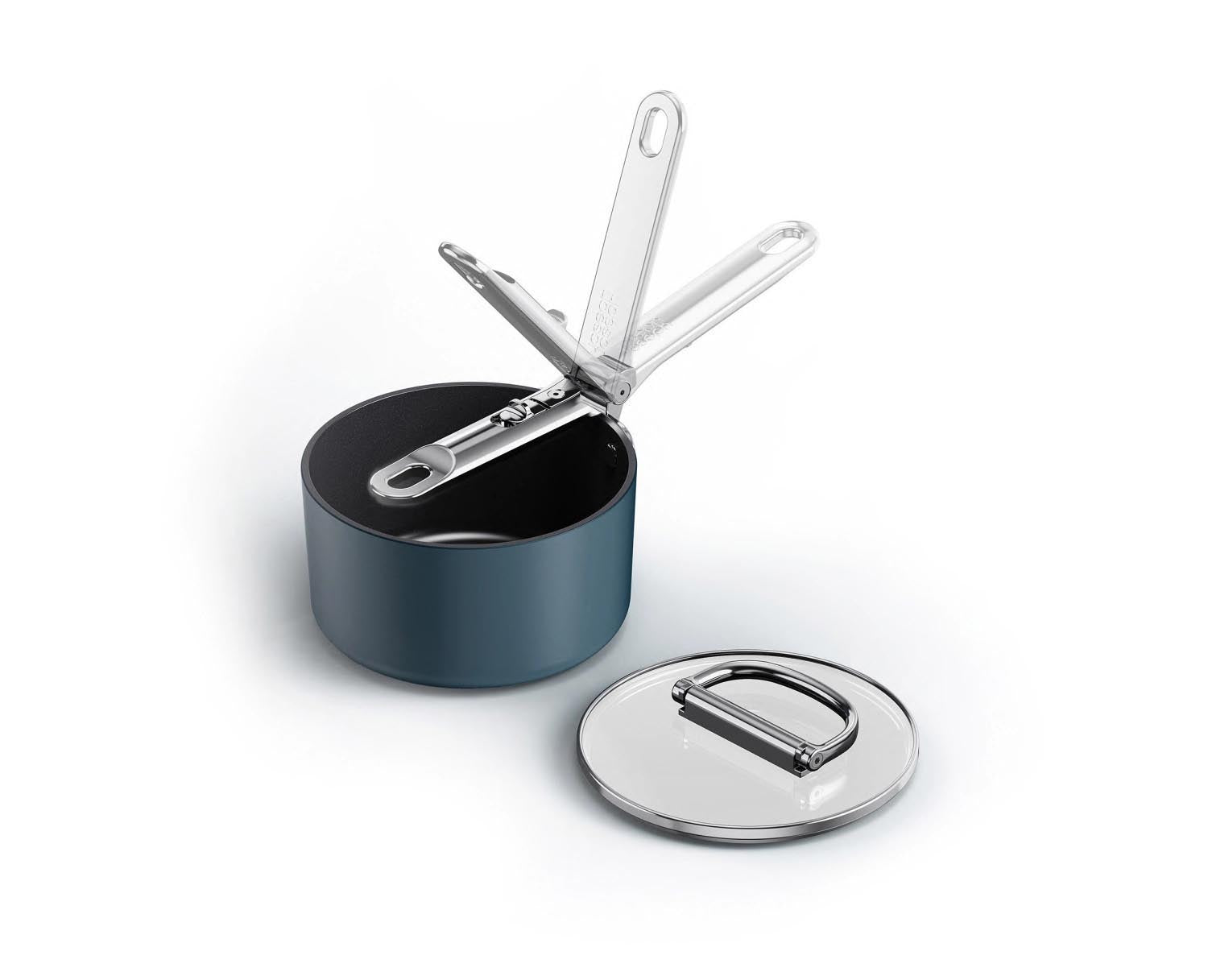 Kompakte Stielkasserolle (15 cm) mit klappbarem Griff und Deckel, ideal für platzsparendes Kochen. Hochwertig und funktional.