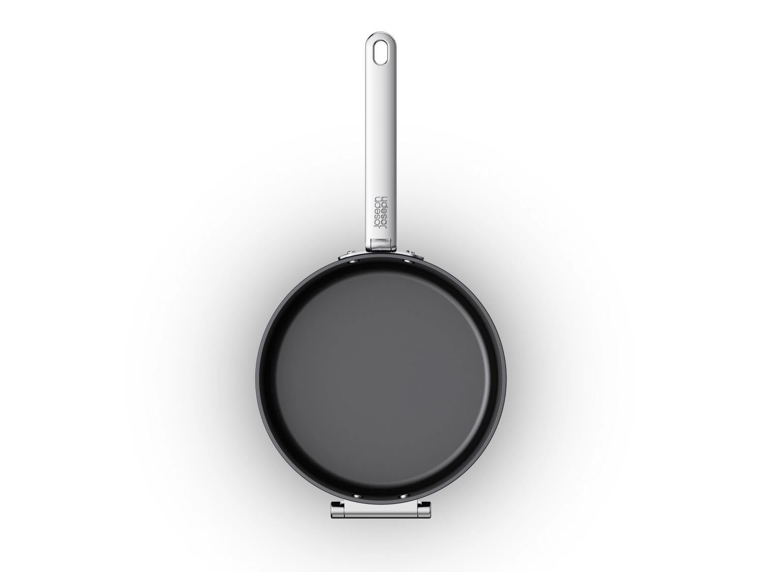 Kompakte Stielkasserolle (23 cm) von Joseph Joseph mit klappbarem Griff und Deckel, perfekt für platzsparendes Kochen und Aufbewahren.