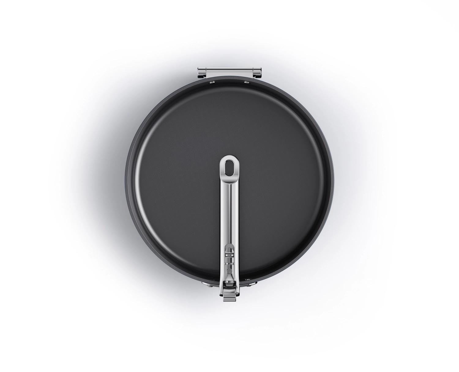 Stielkasserolle 28 cm mit faltbarem Griff und Deckel, perfekt für platzsparendes Kochen und modernes Küchendesign.