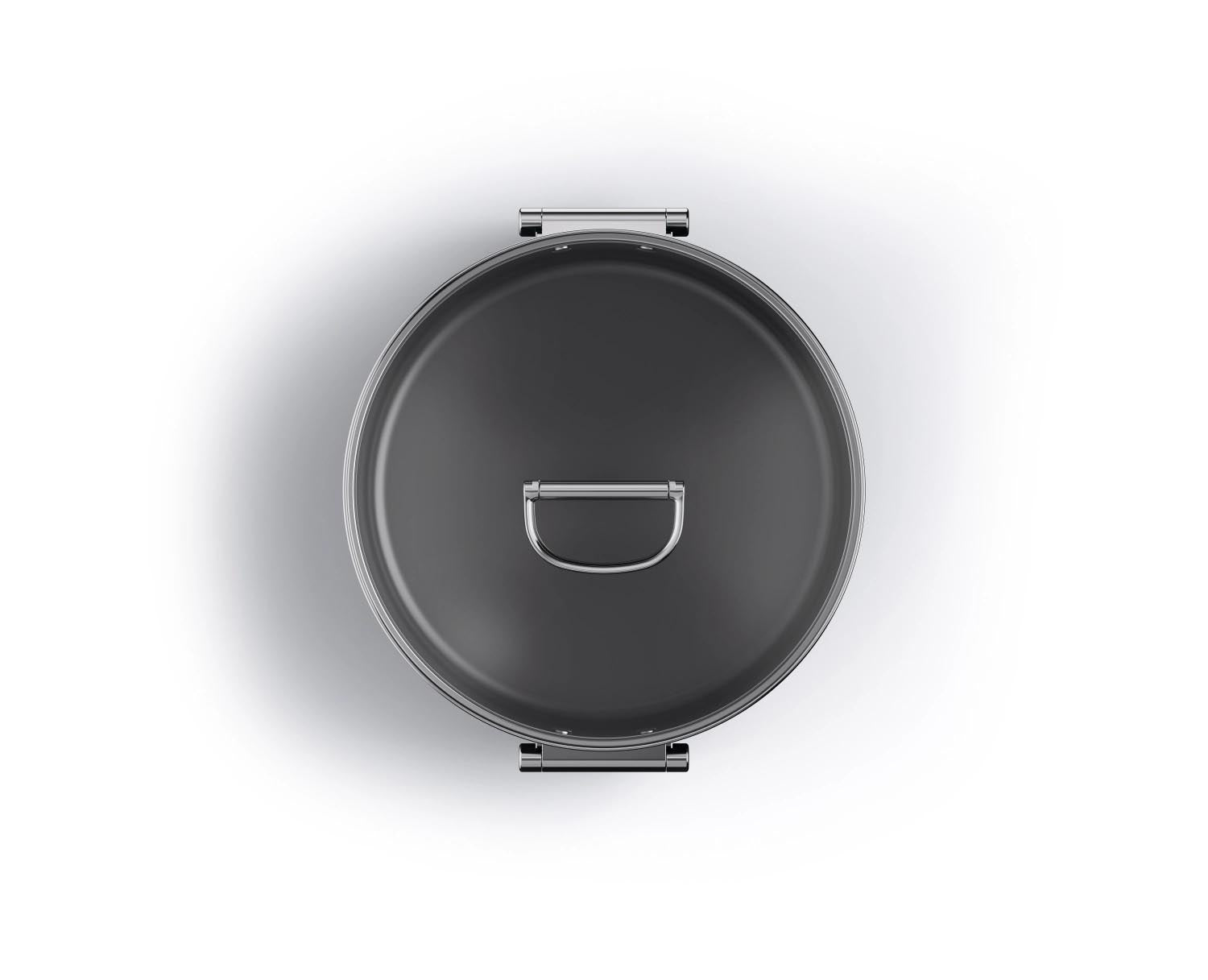 Innovativer Schmortopf mit klappbaren Griffen, ideal für vielseitiges Kochen und platzsparendes Verstauen in der Küche.