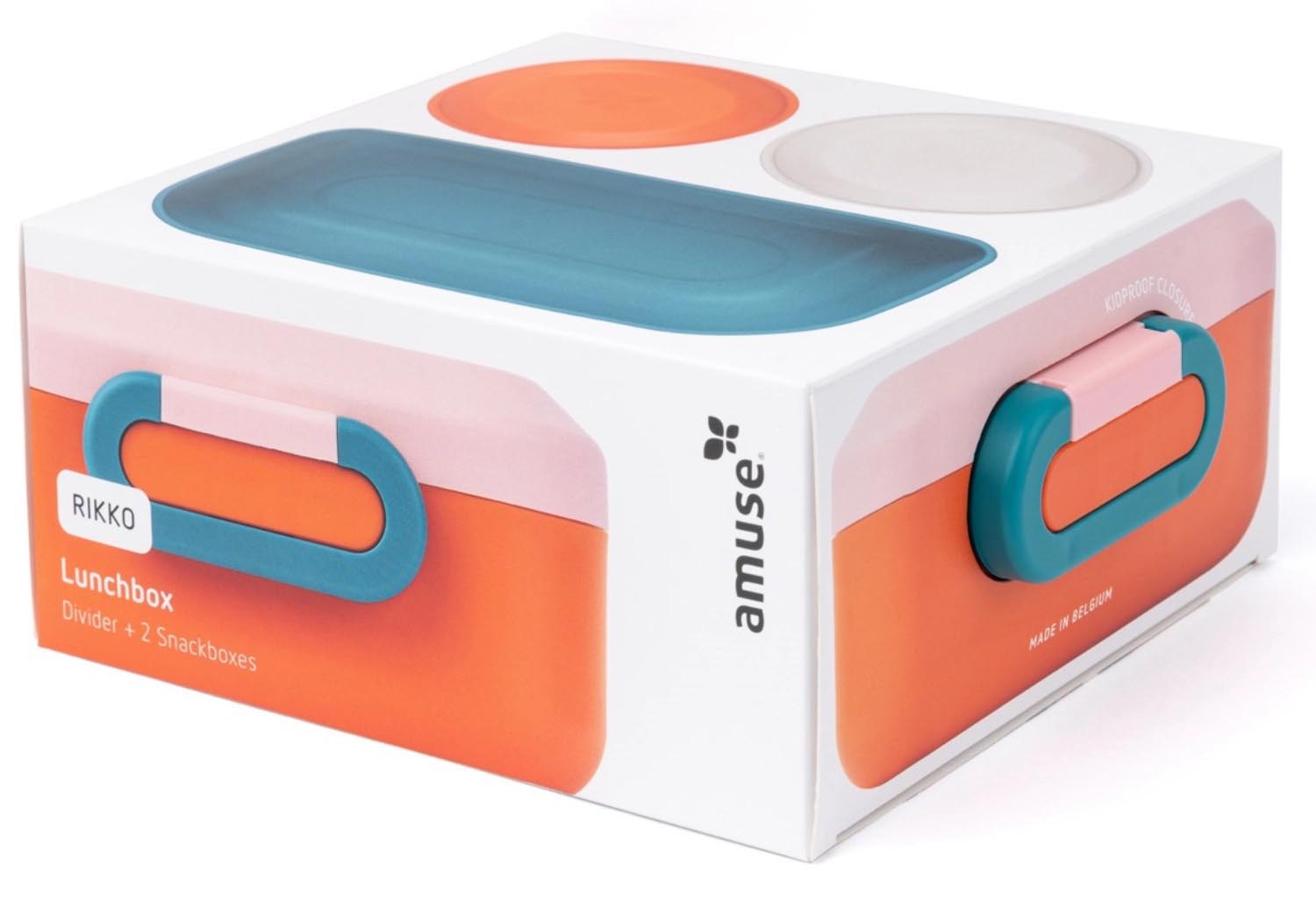 Die stilvolle Rikko Lunchbox in poppy flamingo von Amuse bietet praktischen und sicheren Transport für Ihre Mahlzeiten unterwegs.