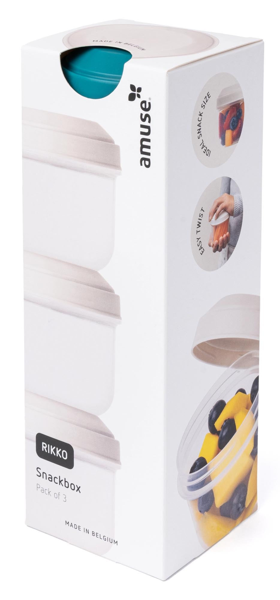 Praktisches 3er-Set Snackboxen aus robustem PP in Lagoon-Farbe von Amuse. Ideal für Snacks unterwegs oder zur Aufbewahrung.