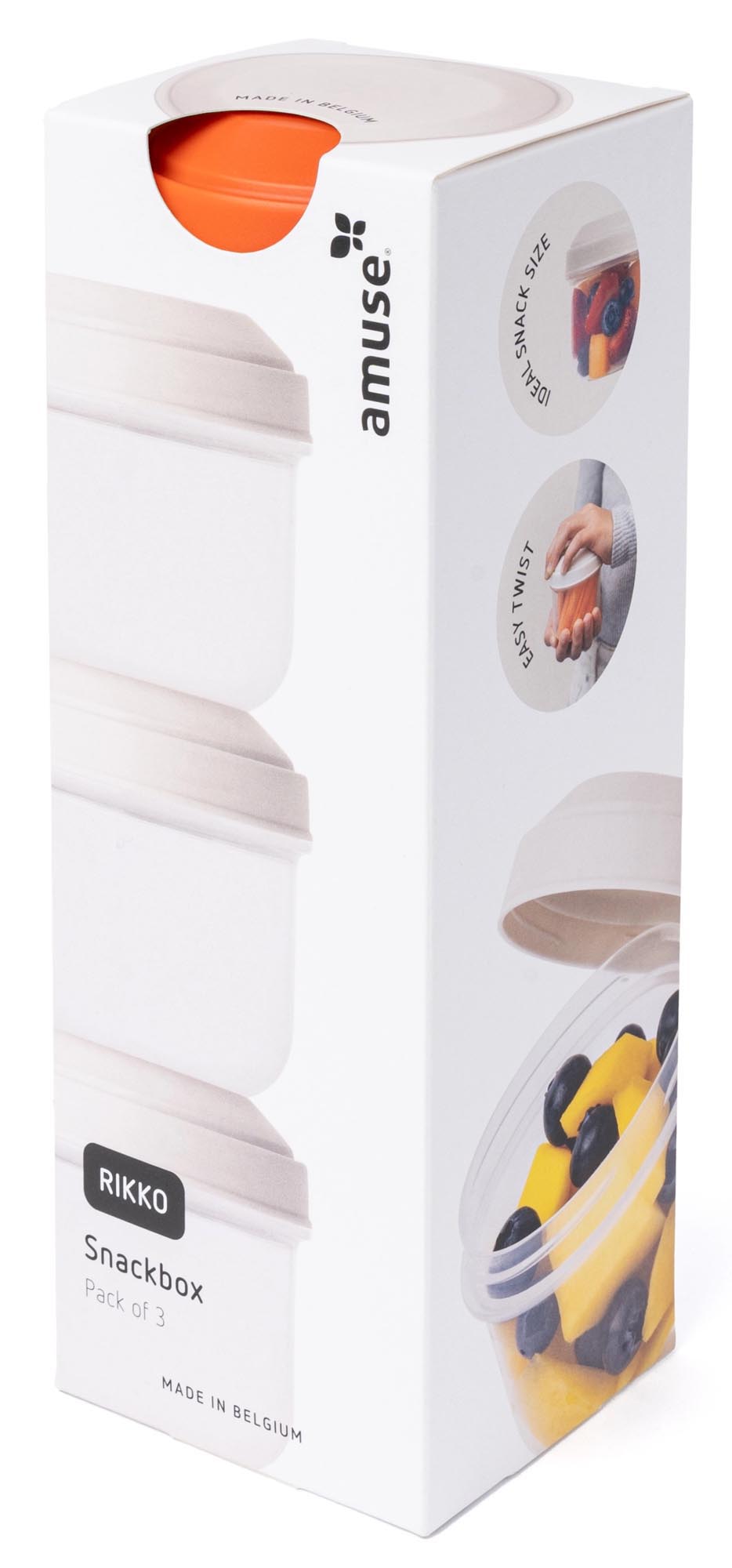 Praktisches 3er-Set Snackboxen aus robustem PP-Material, ideal für unterwegs. Stilvolles Design in poppy von Amuse.