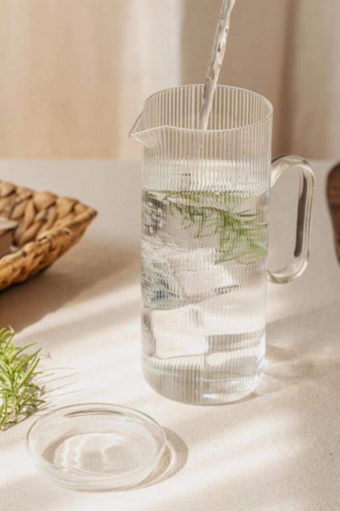 Stilvolle 1.2l Karaffe aus hochwertigem Borosilikatglas, transparent, hitzebeständig, perfekt für Getränke, von Nuts Innovations.