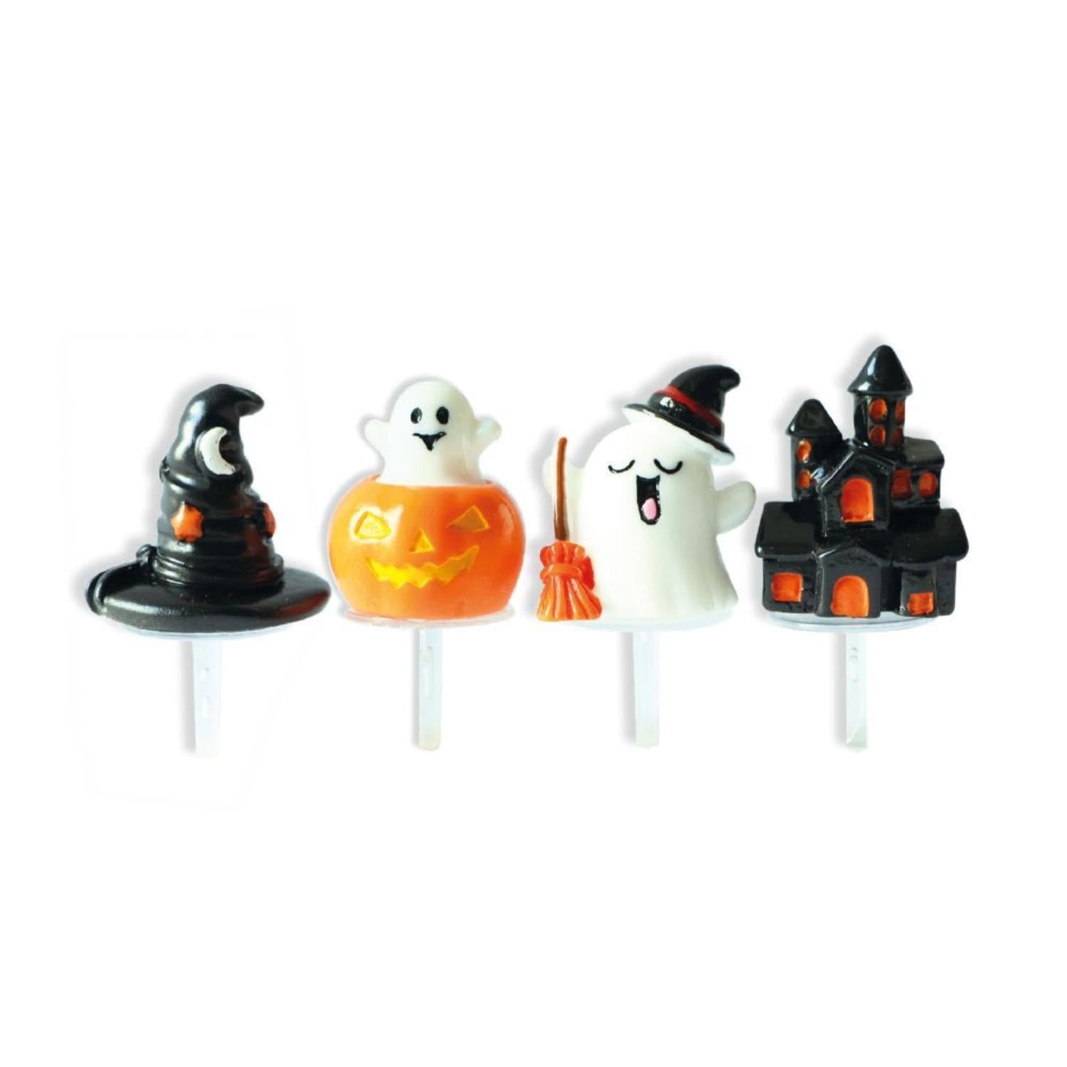 Set aus 4 Halloween-Tortendekorationen aus Kunstharz von Scrap Cooking, ideal für gruselige und kreative Kuchendekorationen.