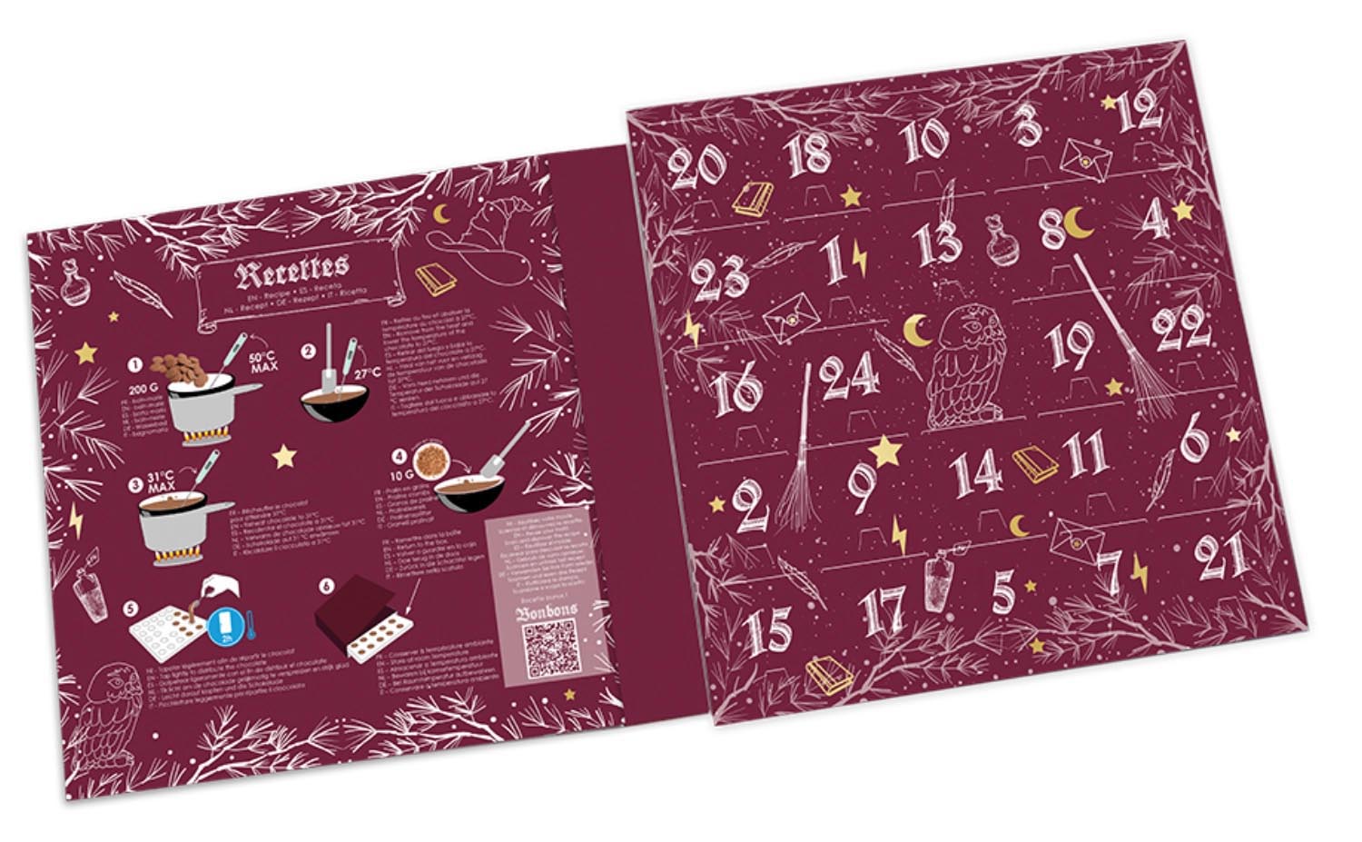 Ein kreativer Adventskalender mit Schokoladengiessformen im Zauberer-Design, ideal für DIY-Schokoladenliebhaber und Weihnachtsfreude.