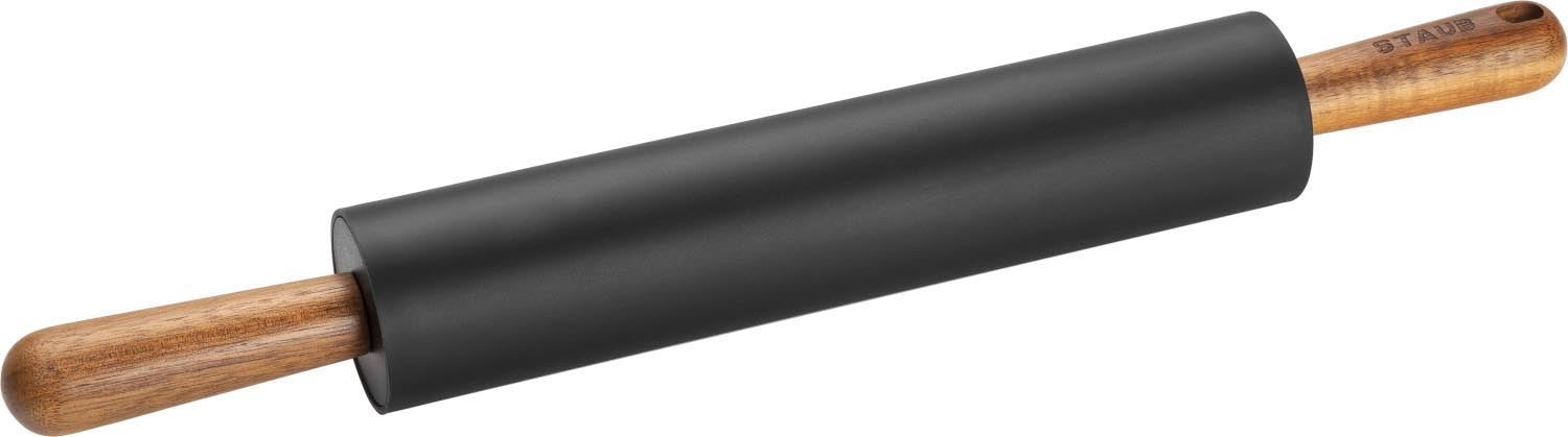 Teigroller aus Silikon mit ergonomischen Akazienholzgriffen, ideal für gleichmässiges Ausrollen von Teig, langlebig und stilvoll.