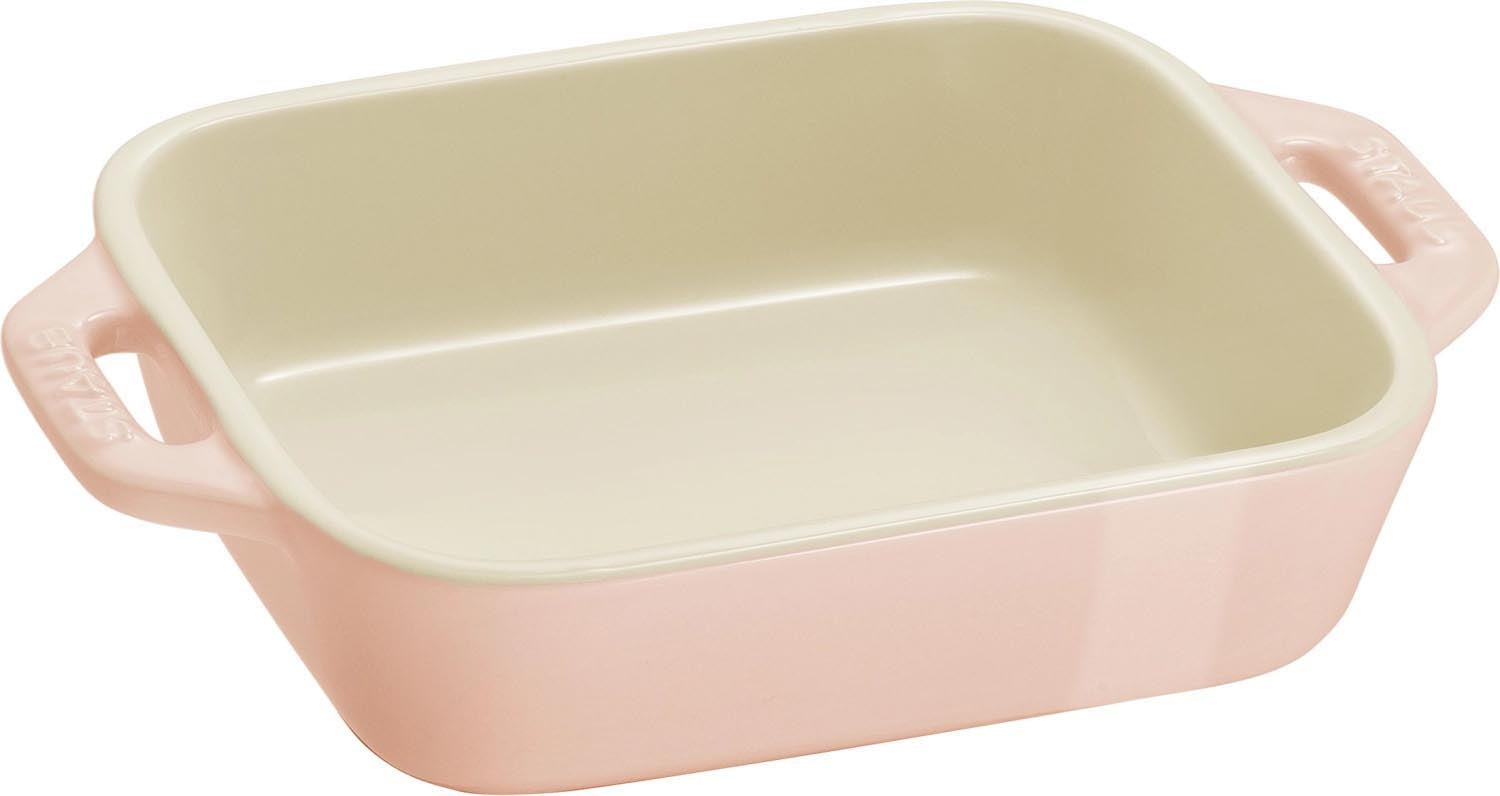Elegantes 2-teiliges Keramik-Ofenformset in Hellrosa von Staub, ideal für stilvolles Backen und Servieren, Masse: 20x16 & 27x20 cm.