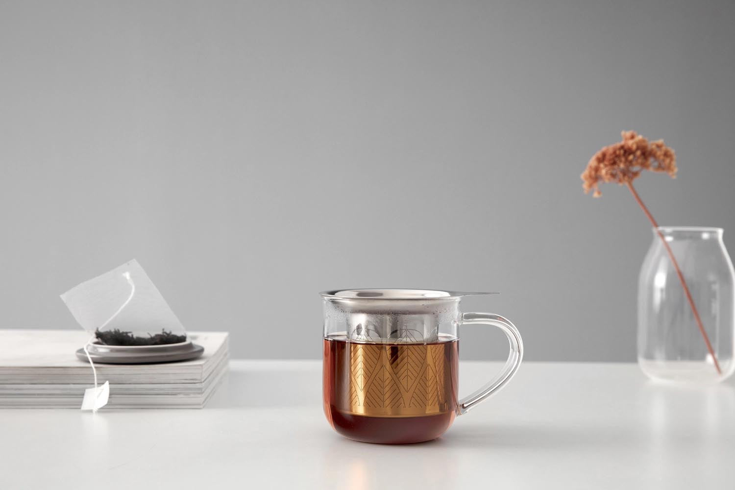 Elegante Teetasse 400ml aus grauem Borosilikatglas mit Infuser, perfekt für stilvollen Teegenuss. Hochwertig und modern von Viva.