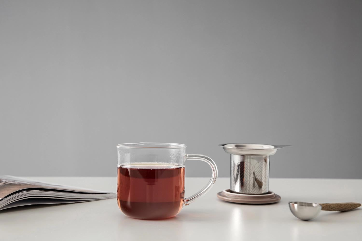 Stilvolle 400ml Teetasse aus braunem Borosilikatglas mit Infuser. Ideal für Teeliebhaber, die Design und Funktionalität schätzen.